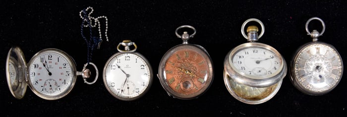 5 Silver Pocket Watches Hamilton, Omega