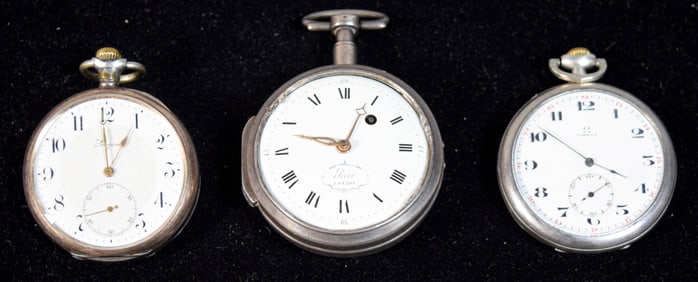 3 Silver Pocket Watches Elicot, Omega, Longines