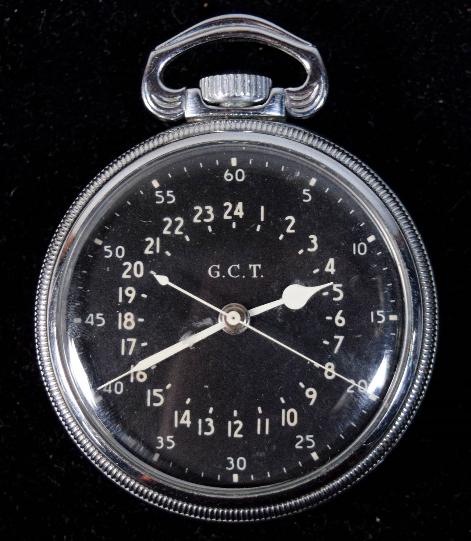 Hamilton GCT Military Pocket Watch: Hamilton G.C.T. military pocket watch. Black dial, 24 hour numerals. Metal case, case back "AN 5740 Mfr's Part No. 4992B Serial No. AF43-5693 Order 43-9969-AF Hamilton Watch Co." Movement 41.275mm, ca