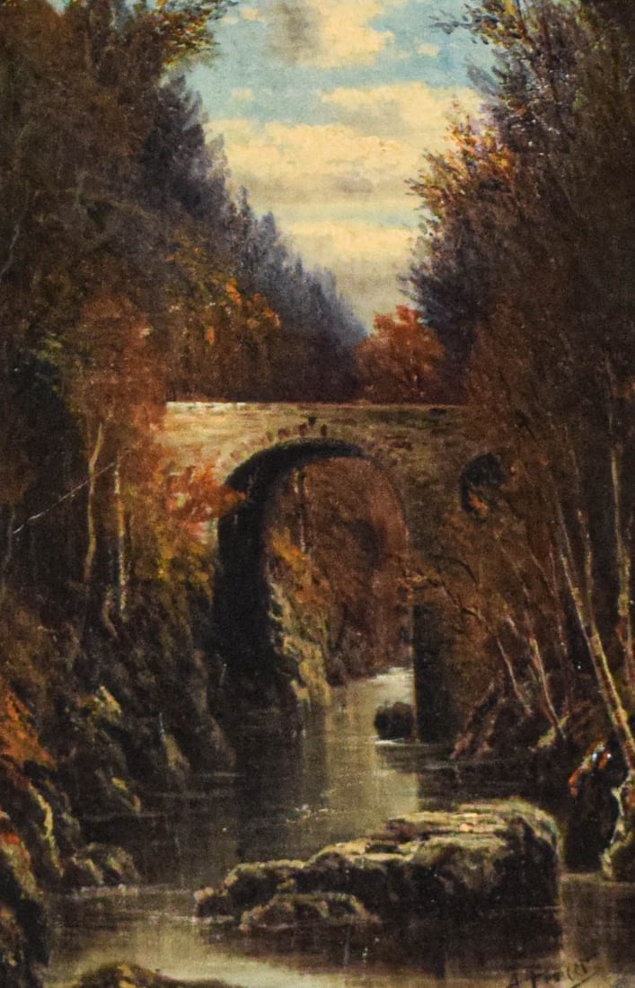 A. Fraser Oil on Canvas Landscape: Oil on canvas, bridge in landscape. Signed A. Fraser lower right. 11 3/8" x 7 1/2" (with frame 13 3/4" x 17 3/4"). Varnished, relined. Scratches upper left and along left side; chips and losses to fra