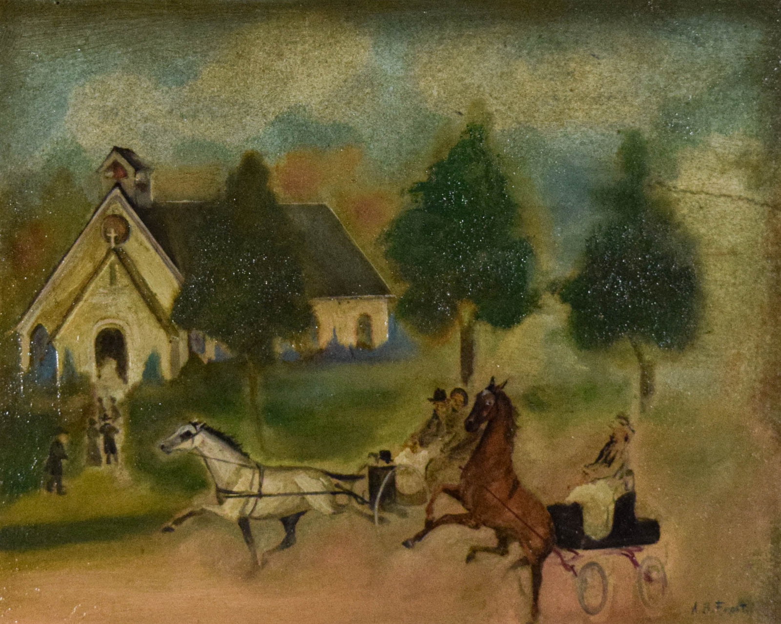 Attributed to A.B. Frost Oil on Panel: Attributed to Arthur Burdett Frost (American, 1851-1928). Oil on panel, going to church. Signed A.B. Frost lower right. With additional pencil sketch on verso. 15 5/8" x 19 5/8" (with frame 22 1/2" x