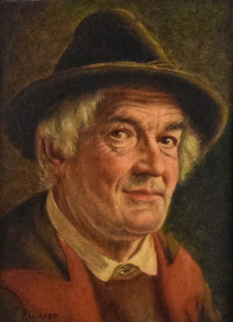 Willi Kupper Oil on Wood Panel Portrait: Willi Kupper (German, 1893-1972). Oil on wood panel, portrait of a man with hat. Signed lower left W. Kupper. 8" x 6" (with frame 18 3/4" x 16 3/4"). Paint loss along top edge, chips and losses to fra