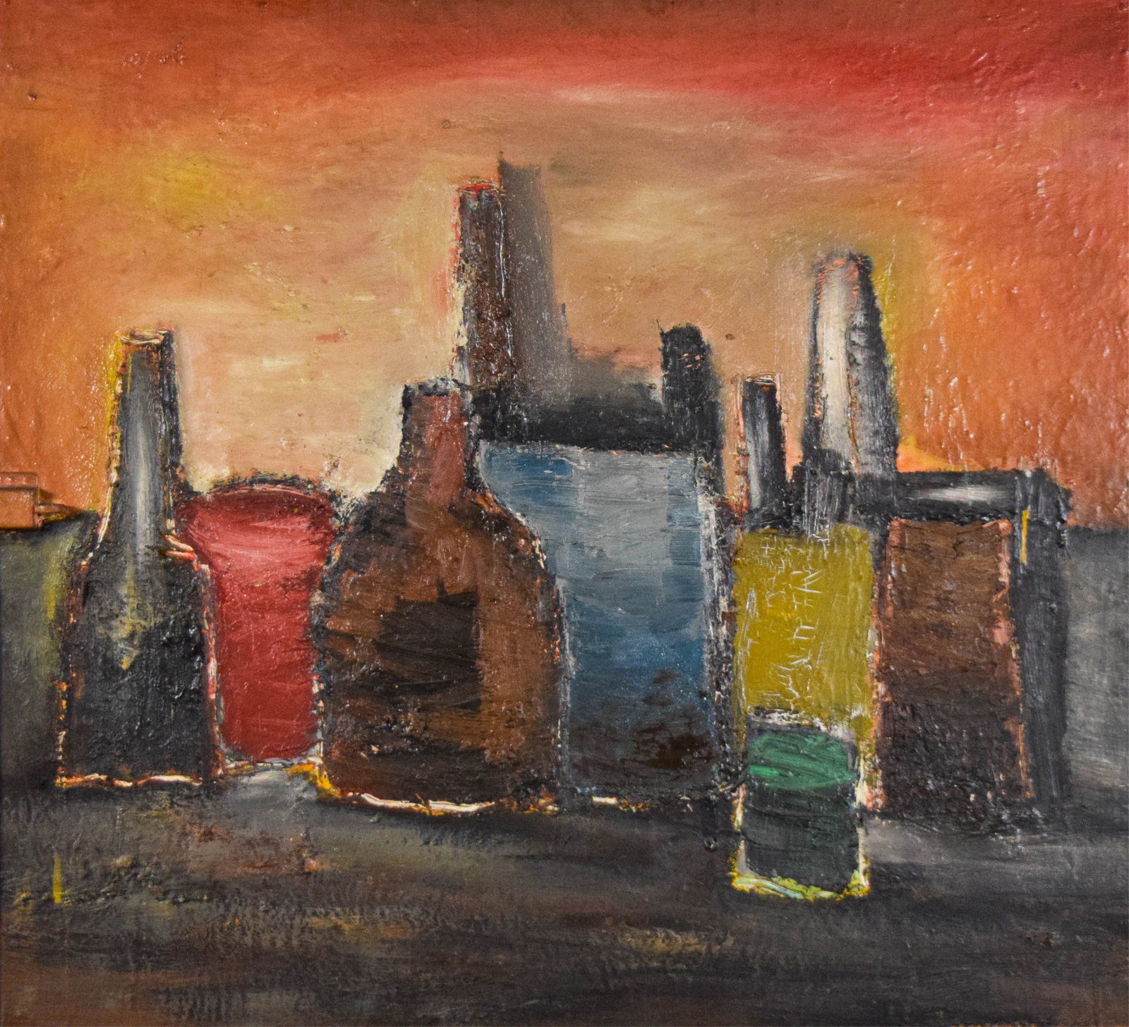 Giuseppe Napoli Oil on Wood Still Life: Giuseppe Napoli (Italian / American, 1929-1967). Oil on wood cabinet door, still life with bottles. Signed upper left and on verso. 31 1/4" x 34 1/2" (with frame 33" x 36 5/8"). Scratches and losses t