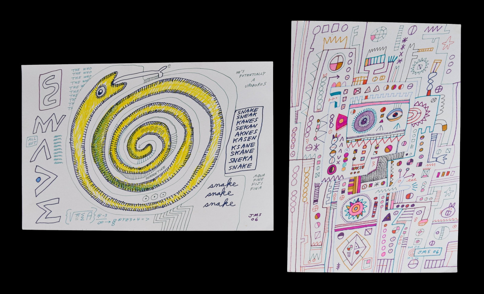 2 Jon Sarkin Mixed Media Drawings on Paper: Jon Sarkin (American, 1953-2024). 2 mixed media drawings with ink and marker on paper. Snake, and It Is Not Significant. Both initialed JMS and dated 06 lower right, Significant additionally initialed