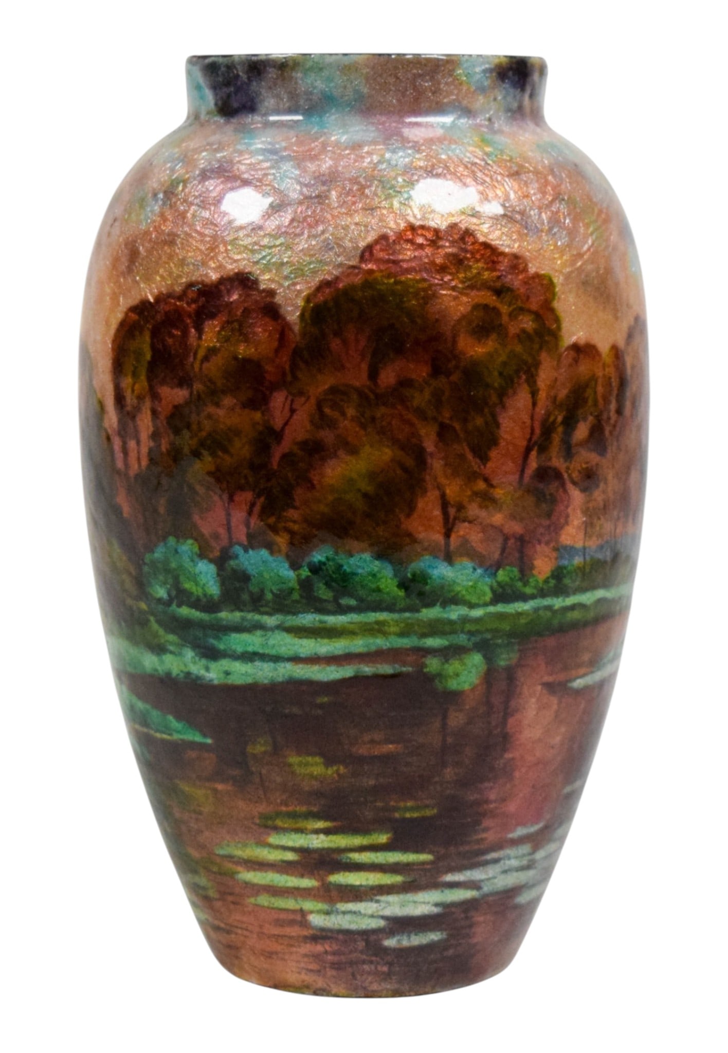 Faure Marty Limoges Enamel on Copper Vase: Camille Faure (French, 1874-1956) and Alexandre Marty (Dutch / French, 1876-1943). Limoges French enamel on copper vase. River landscape scene. Signed on the interior of the rim Faure-Marty-Limoges. 8