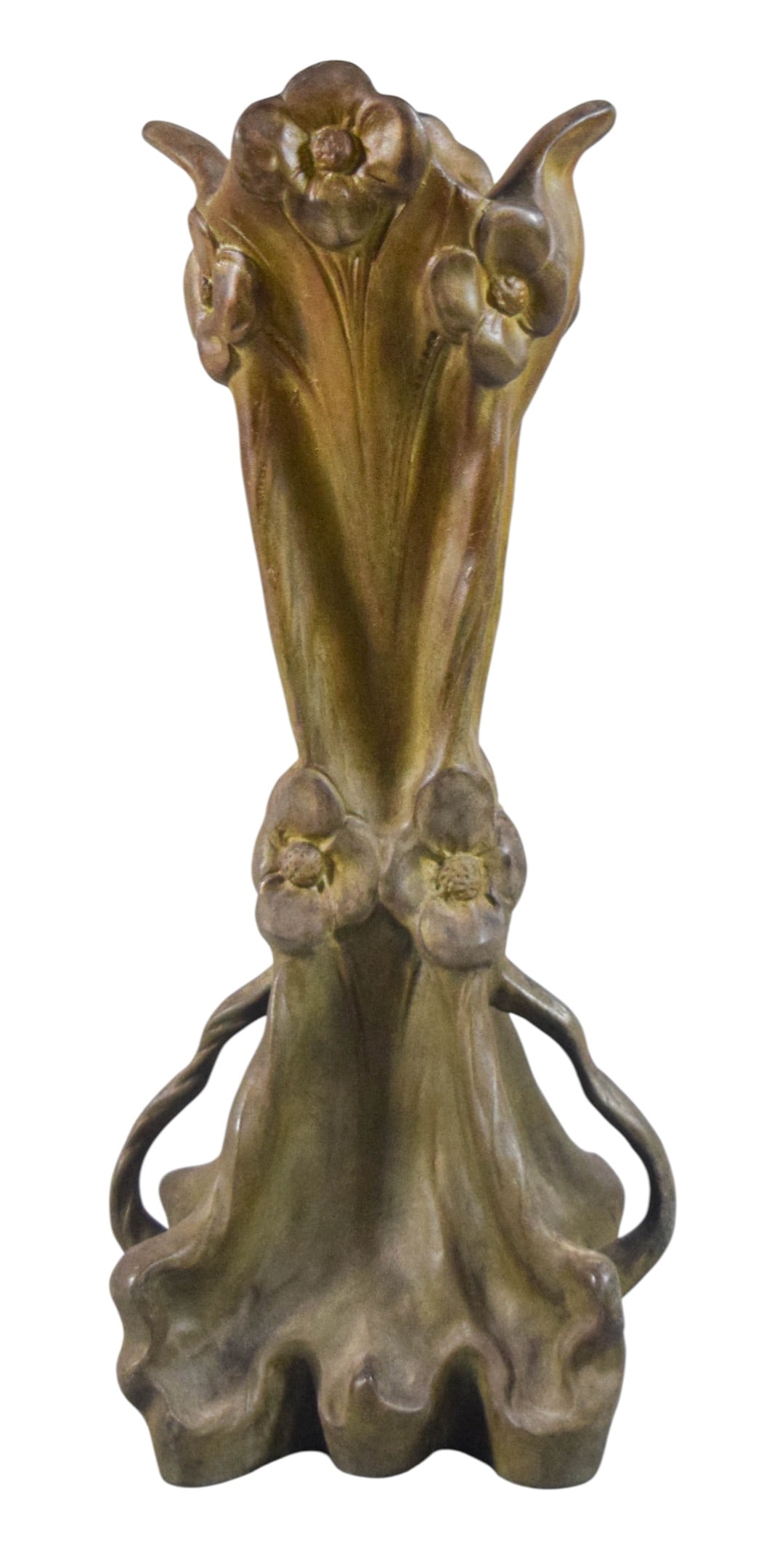 Patinated Metal Art Nouveau Vase: Patinated metal art nouveau vase. Unsigned. 18 1/2"H. Large repair to the underside.