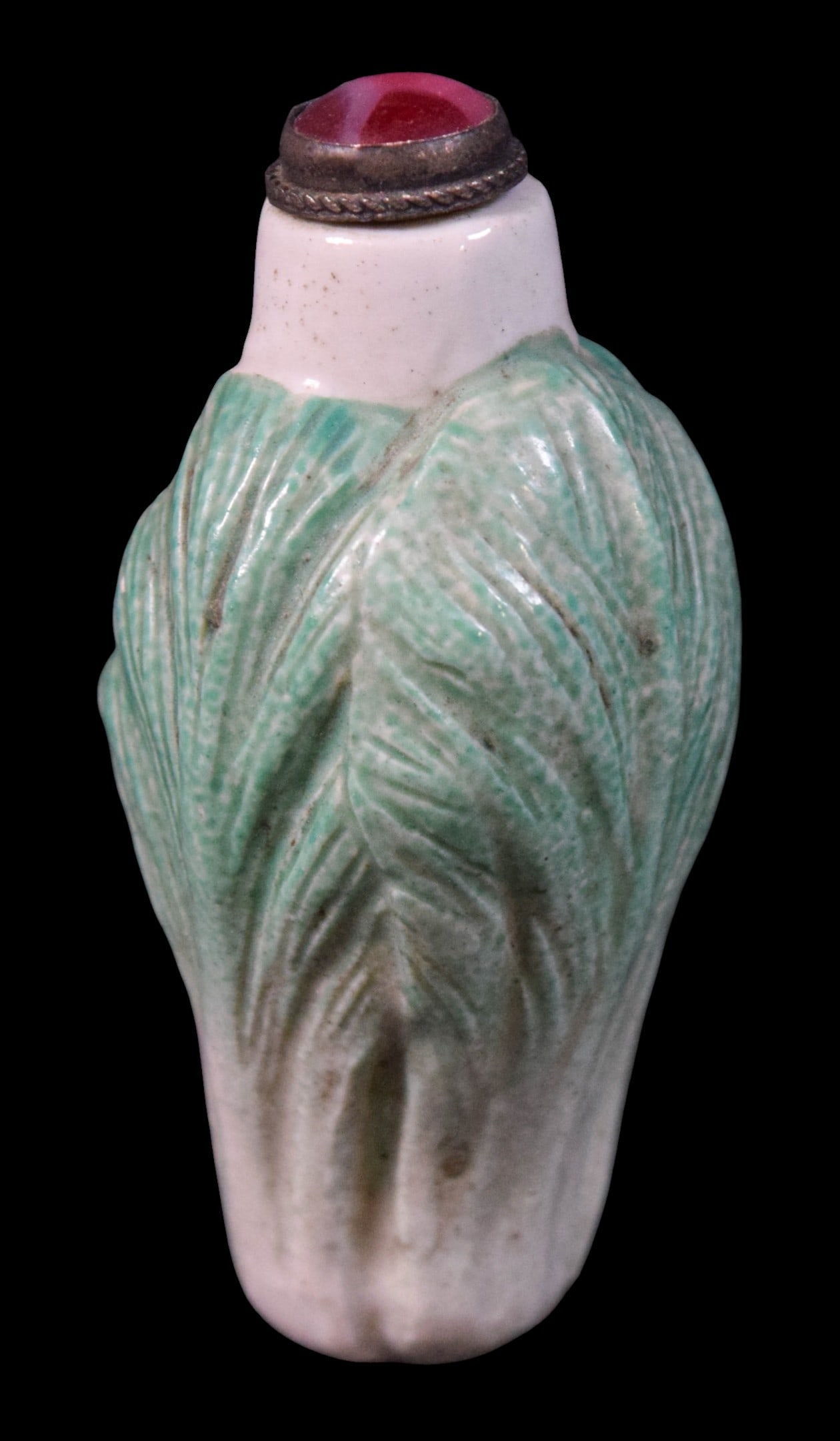 Chinese Porcelain Cabbage Snuff Bottle: Chinese porcelain snuff bottle, cabbage leaf form, cabochon lid. Unmarked. 2 7/8"H.