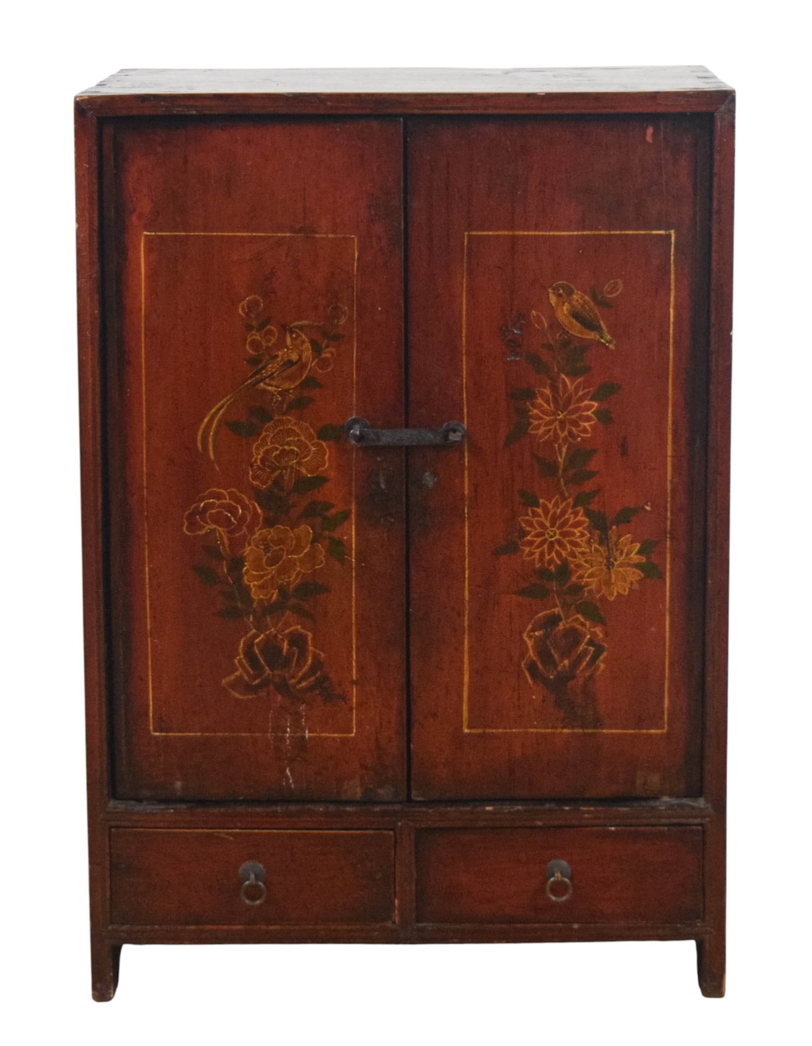 Chinese Painted Cabinet: Chinese painted cabinet. 2 doors above 2 drawers. Bird and flower motif. 32 1/2"H x 22 1/2"W x 14 1/4"D. Scratches to top, chips to edges of top and sides, some paint loss, splits to drawer interiors,