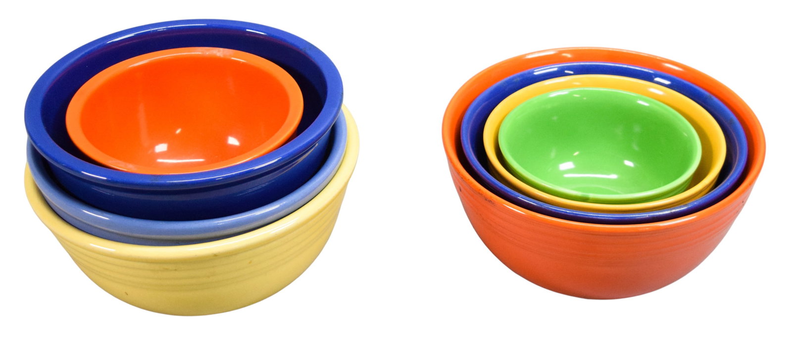 8 Stoneware Bowls Fiesta Kitchen Kraft, Bake Oven: 8 vintage stoneware mixing bowls, including Fiesta Kitchen Kraft in cobalt, Fiesta Kitchen Kraft in poppy (orange), Bake Oven in yellow, unmarked purple bowl. With a set of 4 unmarked Fiesta nesting b