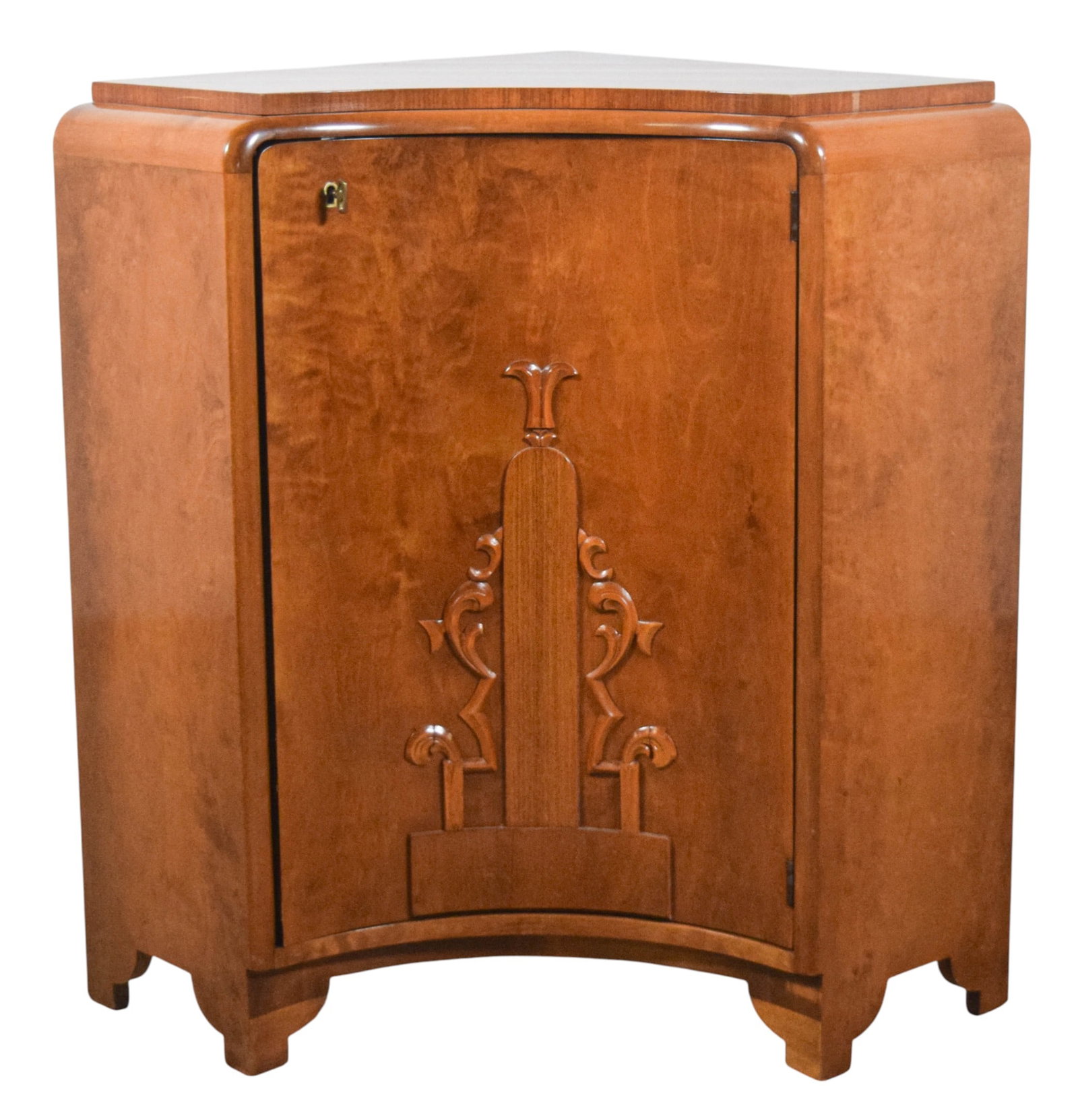 Art Deco Corner Cabinet: Art deco corner cabinet. Birch veneer, interior shelves. 32 7/8"H x 33"W x 24"D. Some warping to veneer on top, warping to back panels, chips to veneer along edges of top and door, splits and chips to