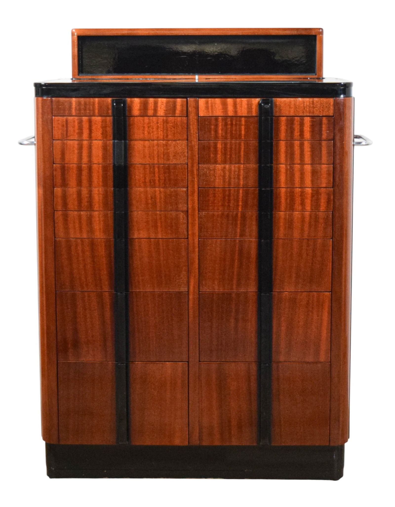 American Cabinet Co. Art Deco Dental Cabinet: The American Cabinet Co., art deco dental cabinet. Two pull out trays, 16 drawers in various sizes, pop-up top section. The American Cabinet Co. labels on the reverse and one drawer. Button works to r