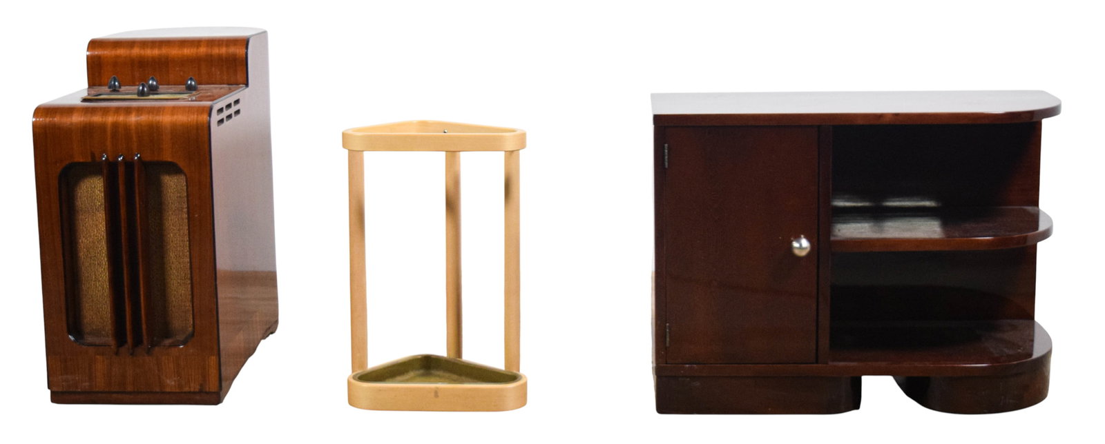 3 MCM Pieces Incl Art Deco Style Stepped Bookcase: Group of 3 Mid-Century Modern pieces including an Art Deco style stepped bookcase with cabinet, a General Electric model GD-60 tabletop radio, and a bentwood umbrella holder. Radio not tested. Radio 2