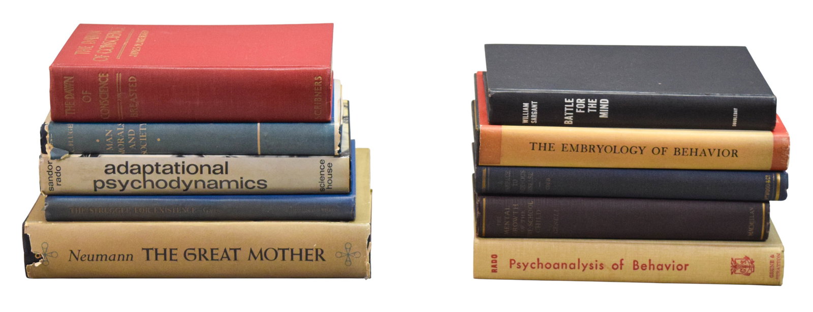 10 Psychology Books 1930s-1960s: Group of 10 psychology and human behavior books, 1930s-1960s. G.F. Gause, The Struggle for Existence, The Williams & Wilkins Company, 1934; James A. Breasted, The Dawn of Conscience, Charles Scribner'