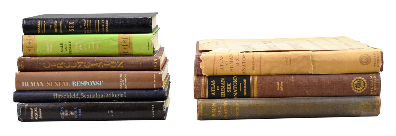 9 Books on Human Sexuality Masters & Johnson, Mead: Group of 9 books on psychology and human sexuality, including first editions. 3 copies Robert Latou Dickinson, Human Sex Anatomy, The Williams & Wilkins Company, 1933, and second edition, 1949, and se