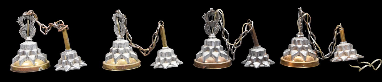 4 Art Deco Hanging Lights: Set of 4 art deco pendant hanging light fixtures. No shades. Chrome and brass. Unsigned. Longer 31 1/2"H to top of cap, fitter for shade 6 3/8"-diameter. All with scratches and losses to patina, one d