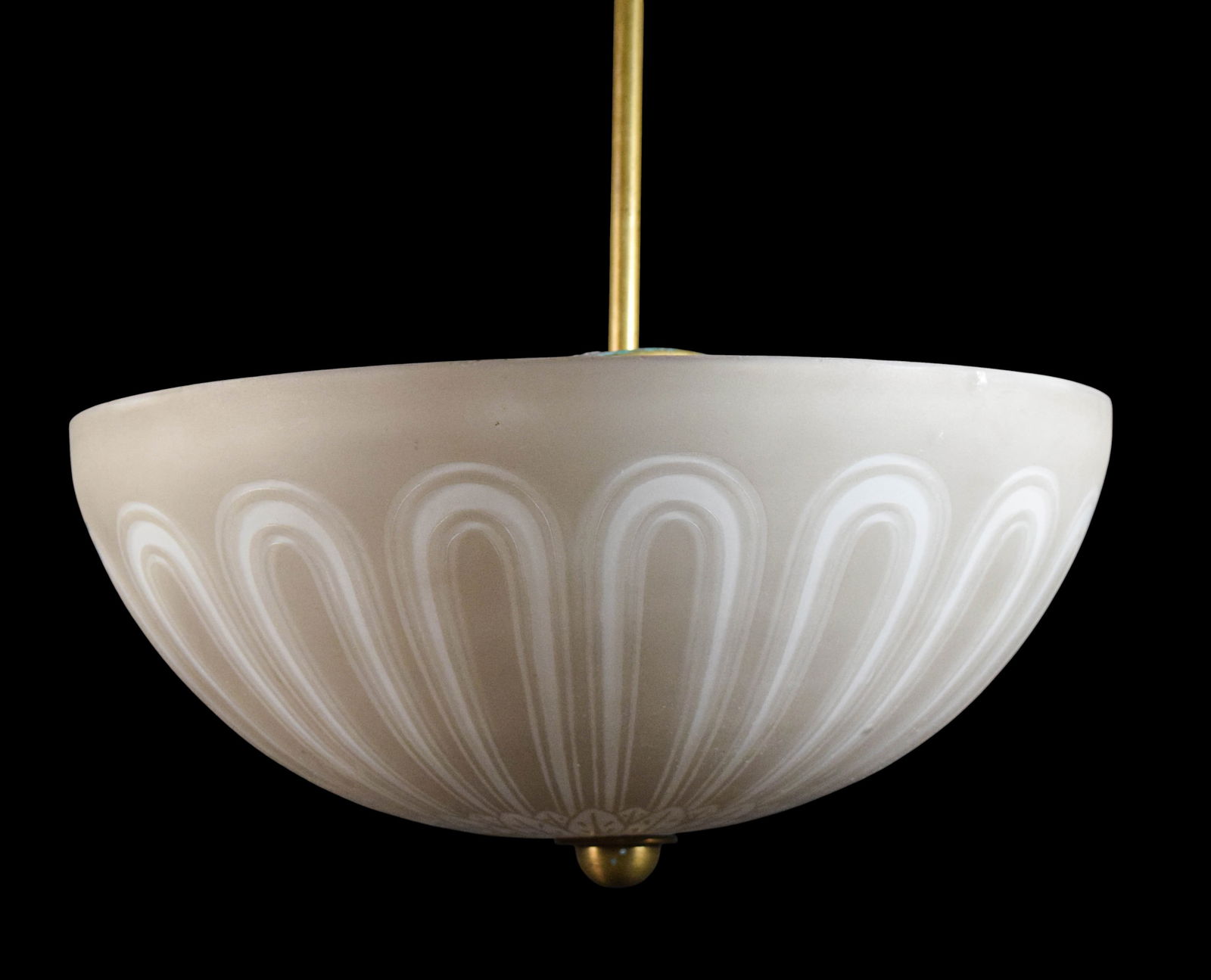 Art Deco Brass & Glass Pendant Light: Art deco brass and glass pendant hanging light fixture. Brass light, with frosted glass dome. Unsigned. 29" from top of cap to bottom of finial, shade 17 1/2"-diameter. Shade with roughness and fleabi