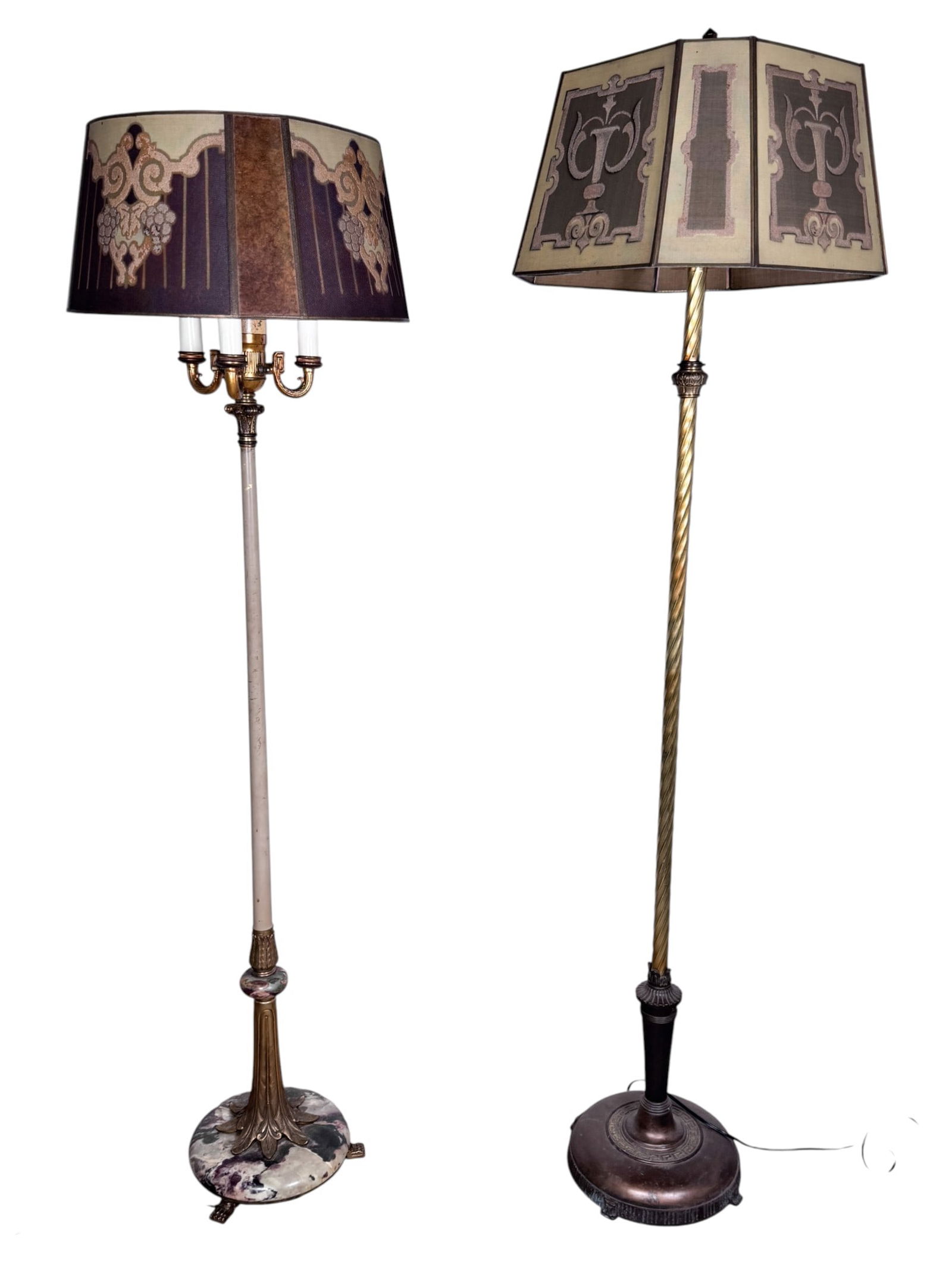 2 Vintage Floor Lamps Art Nouveau Neoclassical: A collection of 2 floor lamps from the early 20th century. The first lamp features a multi-light mogul style fixture topped with a drum-shaped shade decorated with stylized floral and grape patterns.