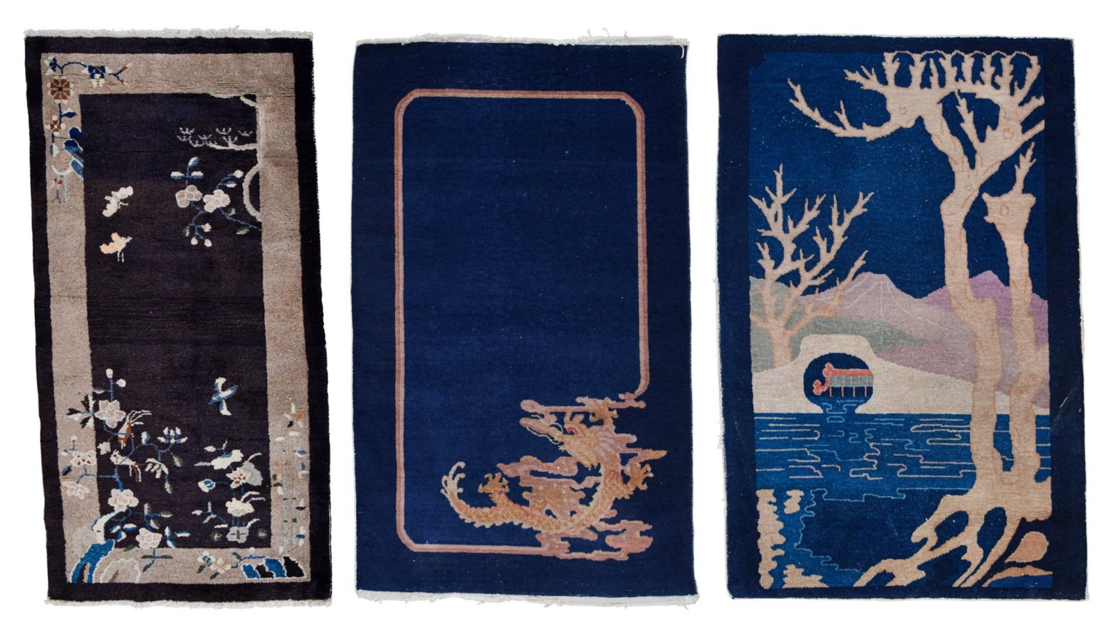 3 Chinese Art Deco Rugs: Group of 3 Chinese Art Deco wool rugs. Various shades or brown and blue with pictorial designs. Largest 5'10" x 3'. Two smaller rugs 4'8" x 3'. Wear throughout all, including pile compression, minor s