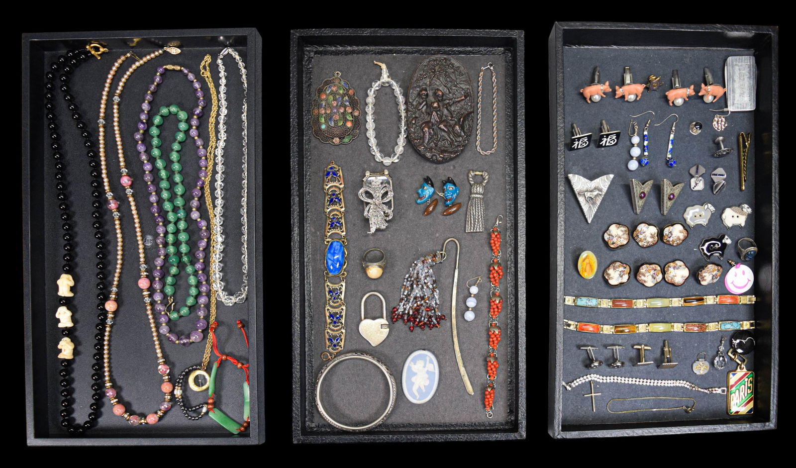 Lot of Costume & Other Jewelry, Accessories: Lot of costume and other jewelry and accessories. Including rings, necklaces, bracelets, lorgnette, cufflinks, Bergamont Leda and the Swan belt buckle, coral "grape" bracelet, organizational pin, sing