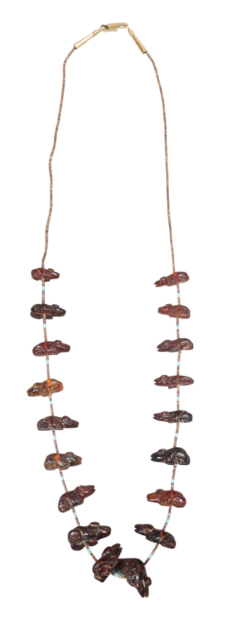 Amber & Turquoise Beaded Fetish Necklace 14k Clasp: Fetish necklace, with turquoise and other stone beads, amber frog fetishes, 14k gold clasp. 23 1/4"L. 60.1 grams total including beads and amber.