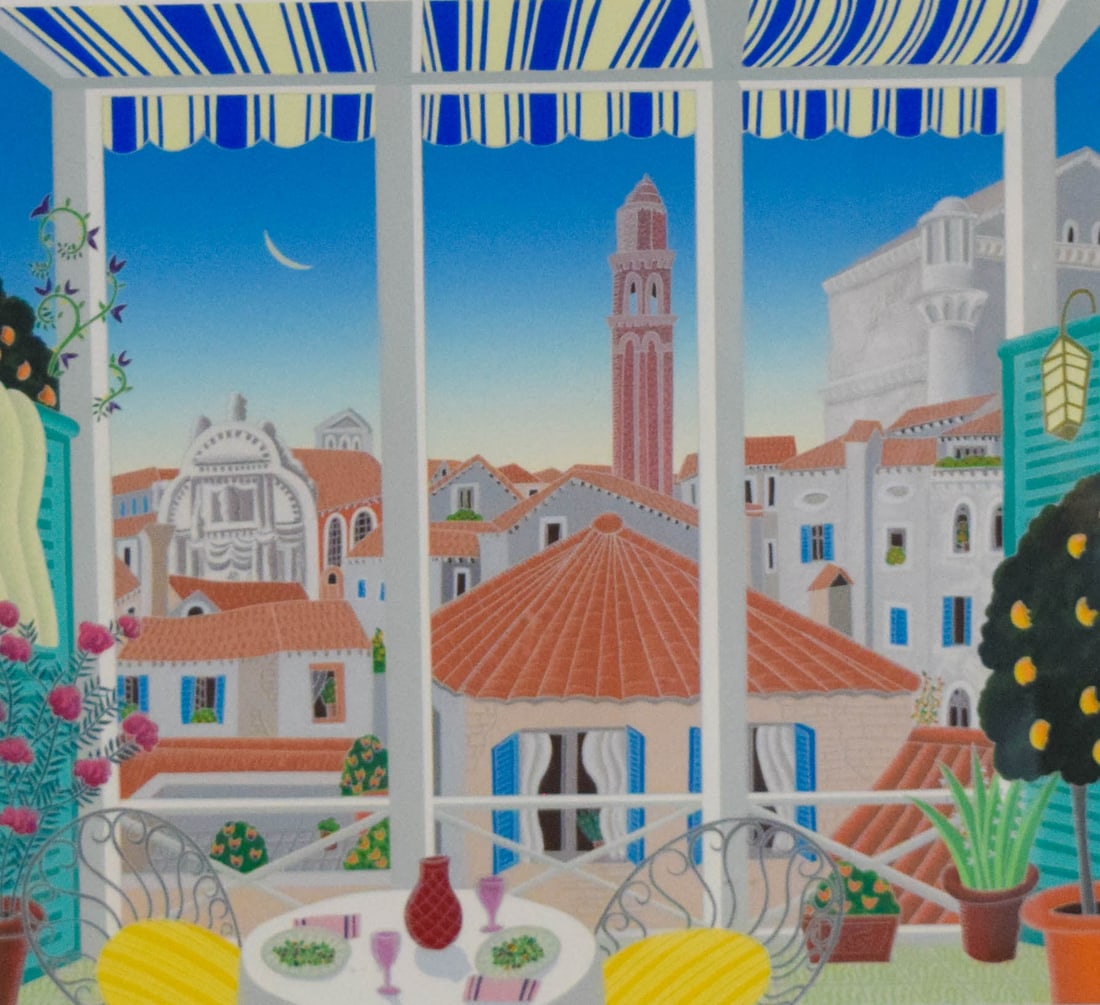 Thomas McKnight Screenprint Saturnia: Thomas McKnight (American, 1941-). Screenprint, Saturnia. Pencil signed lower right and numbered 19/200 in pencil lower left. 17 3/4" x 19 3/4" (26" x 28"). Scratches to frame.