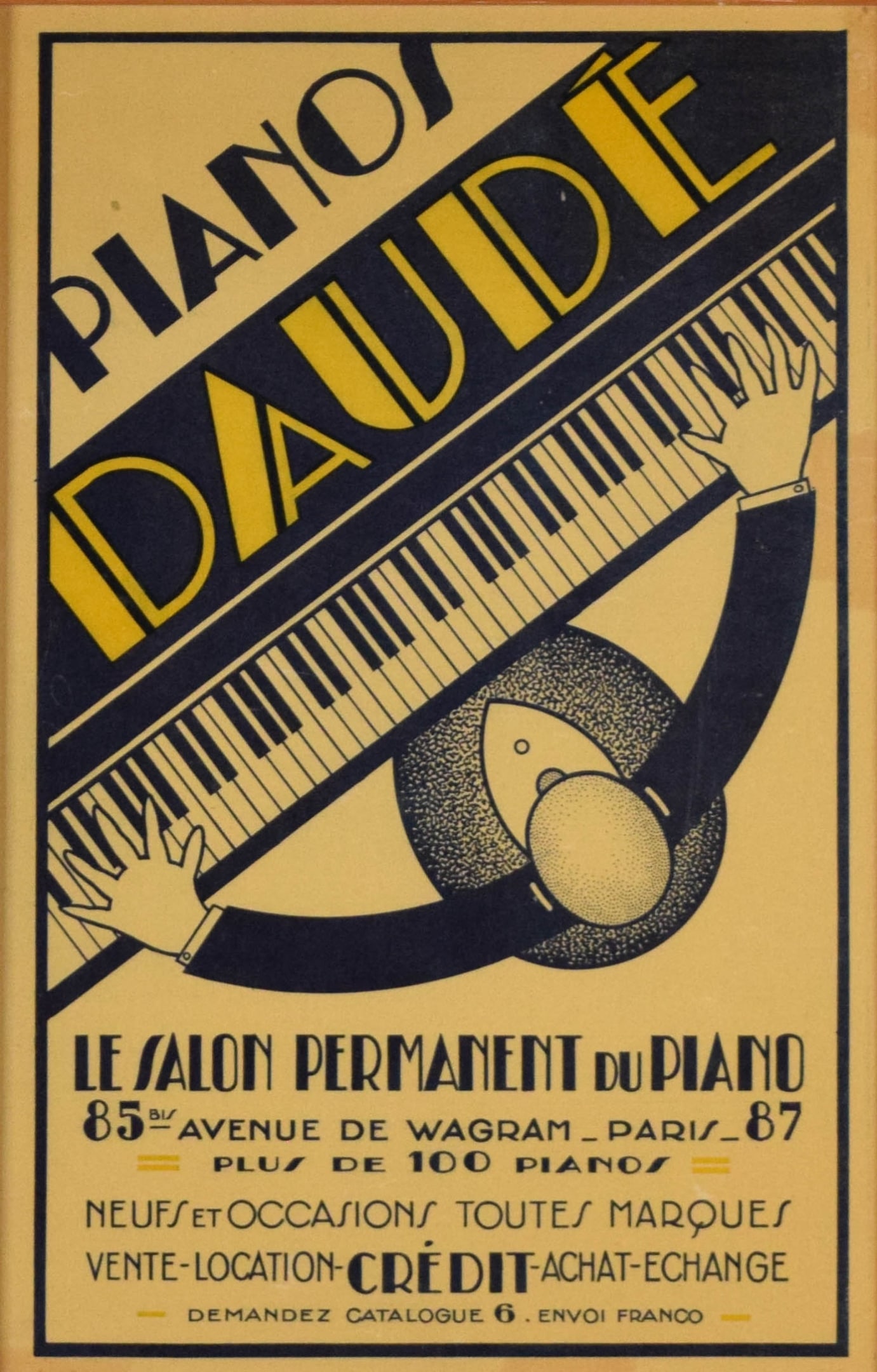 After Andre Daude Pianos Lithograph Poster: After Andre Daude (French, 1897-1979). Lithograph poster, Pianos Daude. 16" x 10 1/2" (with frame 18" x 12 1/2"). Some discoloration and minor losses to color in image.