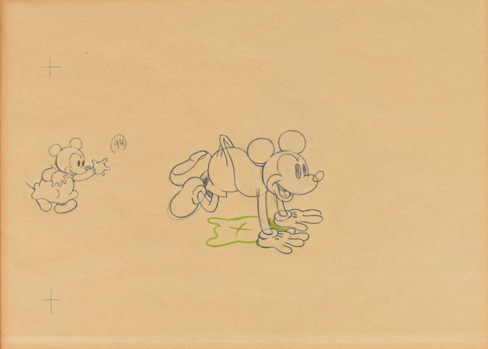 Mickey Mouse Original Animation Production Drawing: Mickey Mouse original animation production drawing from Walt Disney Studios. Graphite and green colored pencil on paper. With frame 14" x 18". Some toning to paper and matting.
