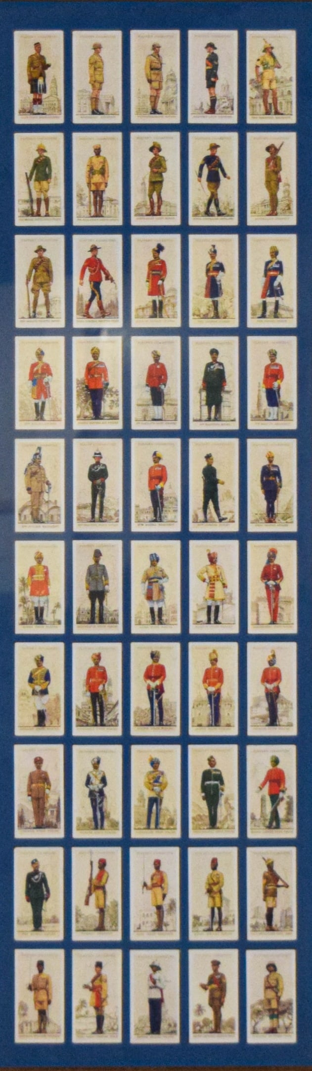John Player & Sons 1938 Military Tobacco Cards: John Player & Sons, color lithographs on cardstock. Complete set of 50 tobacco cards issued c. 1938. British Empire military personnel in uniforms, including the Indian State Forces, the West African