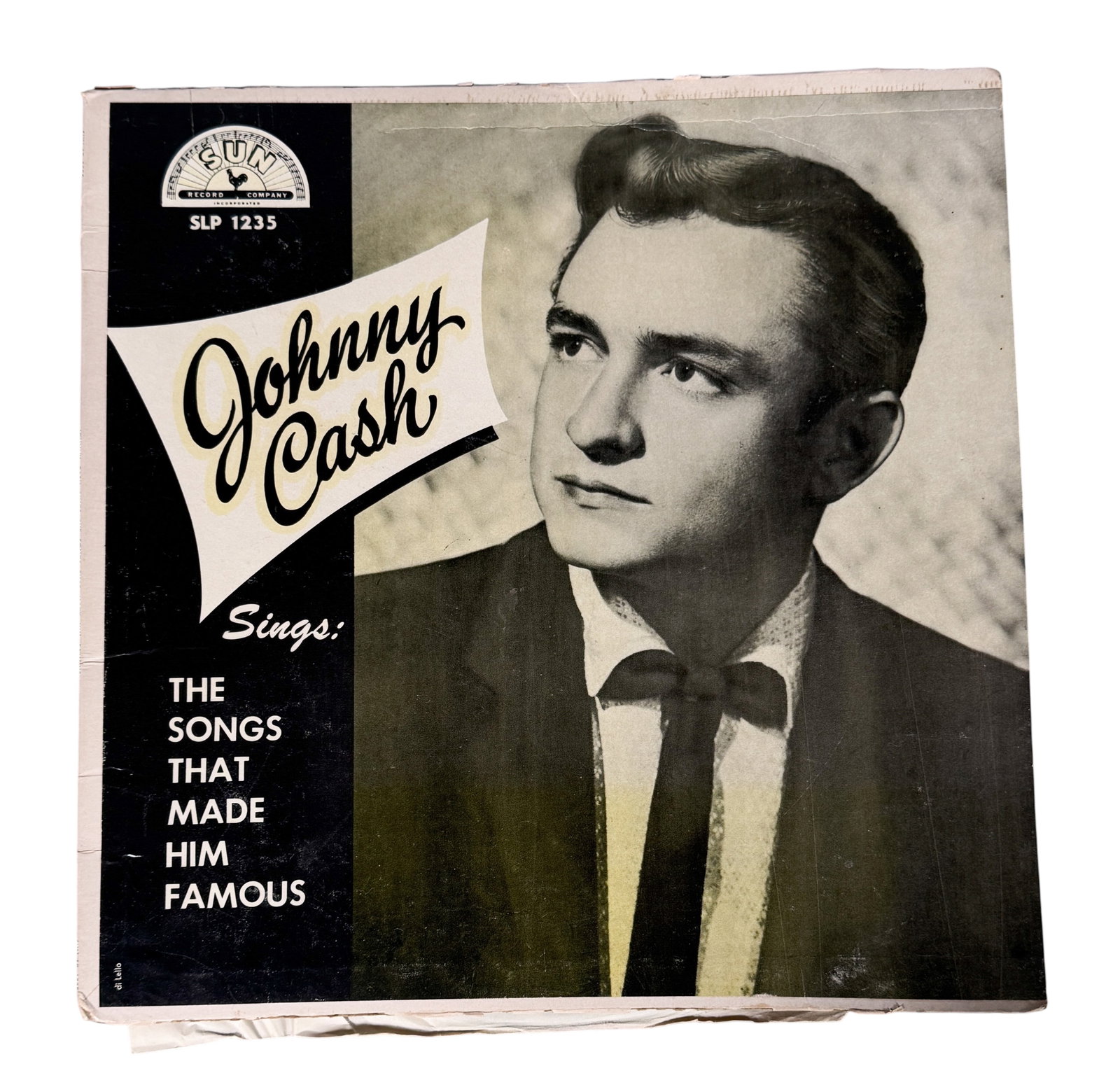 Johnny Cash Sings: The Songs Record Sun Records: A vintage 12-inch vinyl LP record titled Johnny Cash Sings: The Songs That Made Him Famous, released by Sun Records, Memphis, Tennessee, under catalog number SLP 1235. The vinyl disc features yellow S