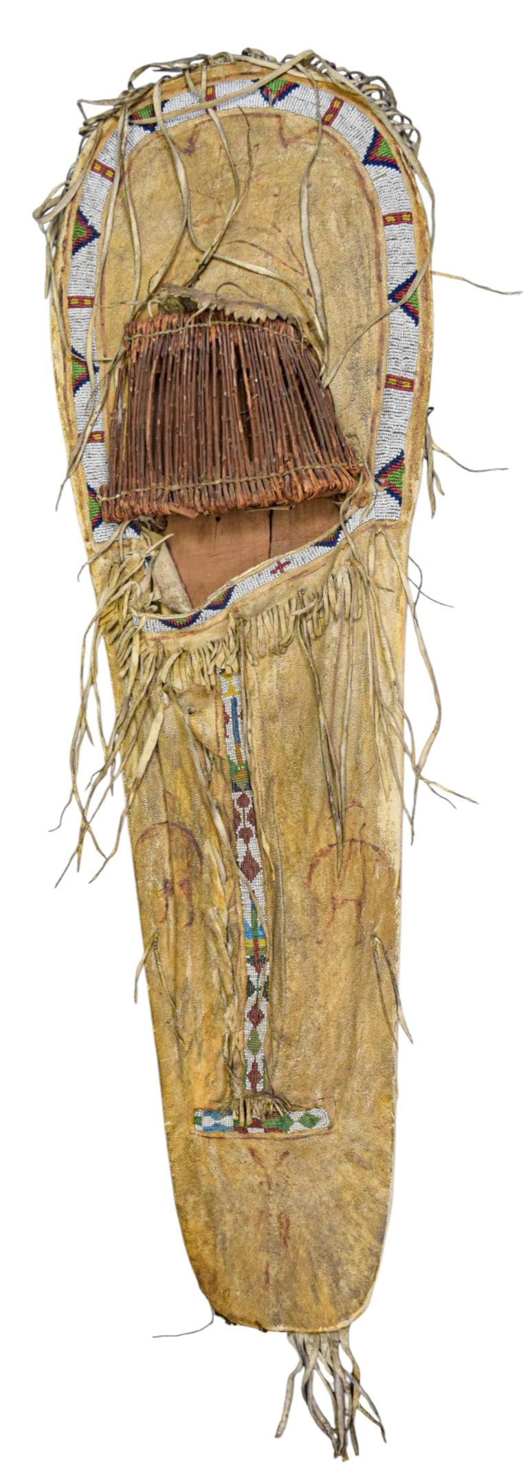 Native American Cradle Board: Native American cradle board with hand-sewn hide cover stretched over wood board. Decorated with lane-stitch beadwork, leather fringe, and sunshade constructed with twigs. Interior reveals raw wooden