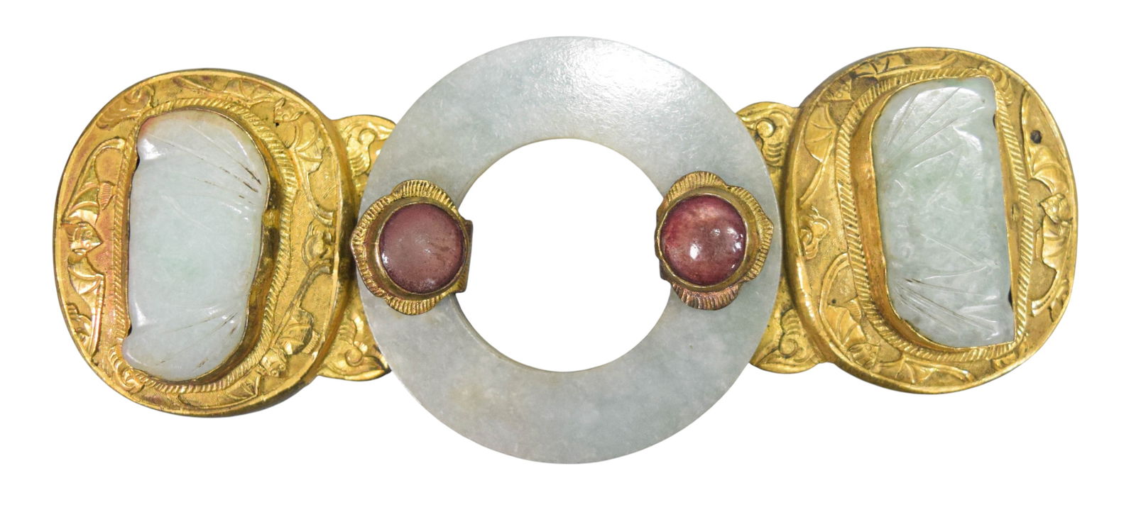 Chinese Gilt Bronze & Jade Buckle: Chinese gilt bronze and jade buckle. 5 1/2"L.