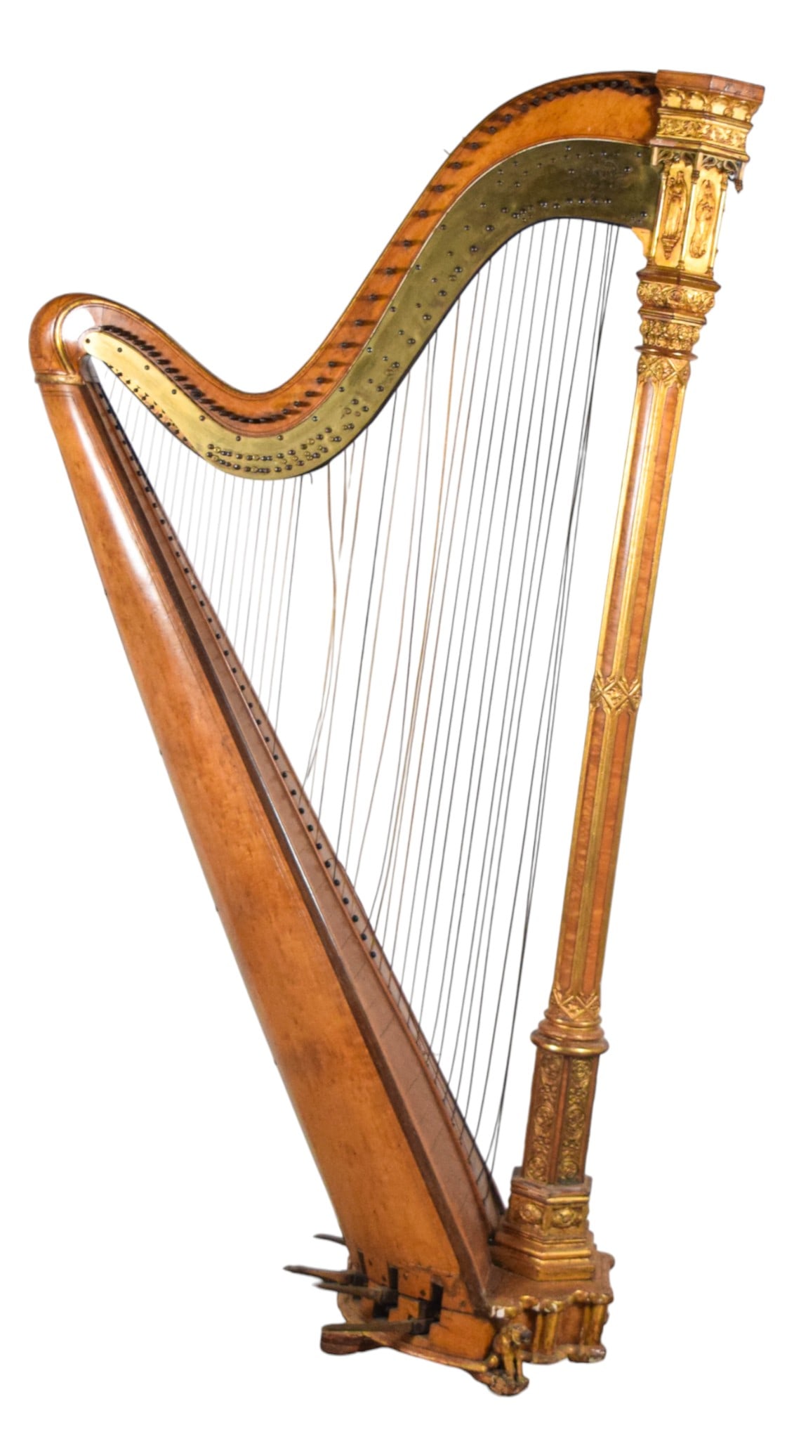 Sébastien Érard French Gothic Revival Harp: 19th century Sébastien Érard French gothic revival harp. 7 pedal concert harp with applied gilt-gesso Gothic decoration. Upper neck signed "Erard, 13 Rue du Mail, Paris." Serial no. 3177. 70" H x 38