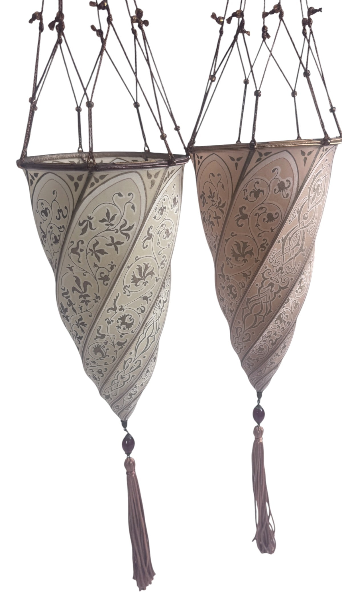 Pair Venetia Studium Italian Silk Hanging Shades: A pair of cream and brown patterned spiral-form cone-shaped hanging shades made of 100 percent silk featuring interior labels for Venetia Studium and Made in Italy, accented with beaded hanging cords
