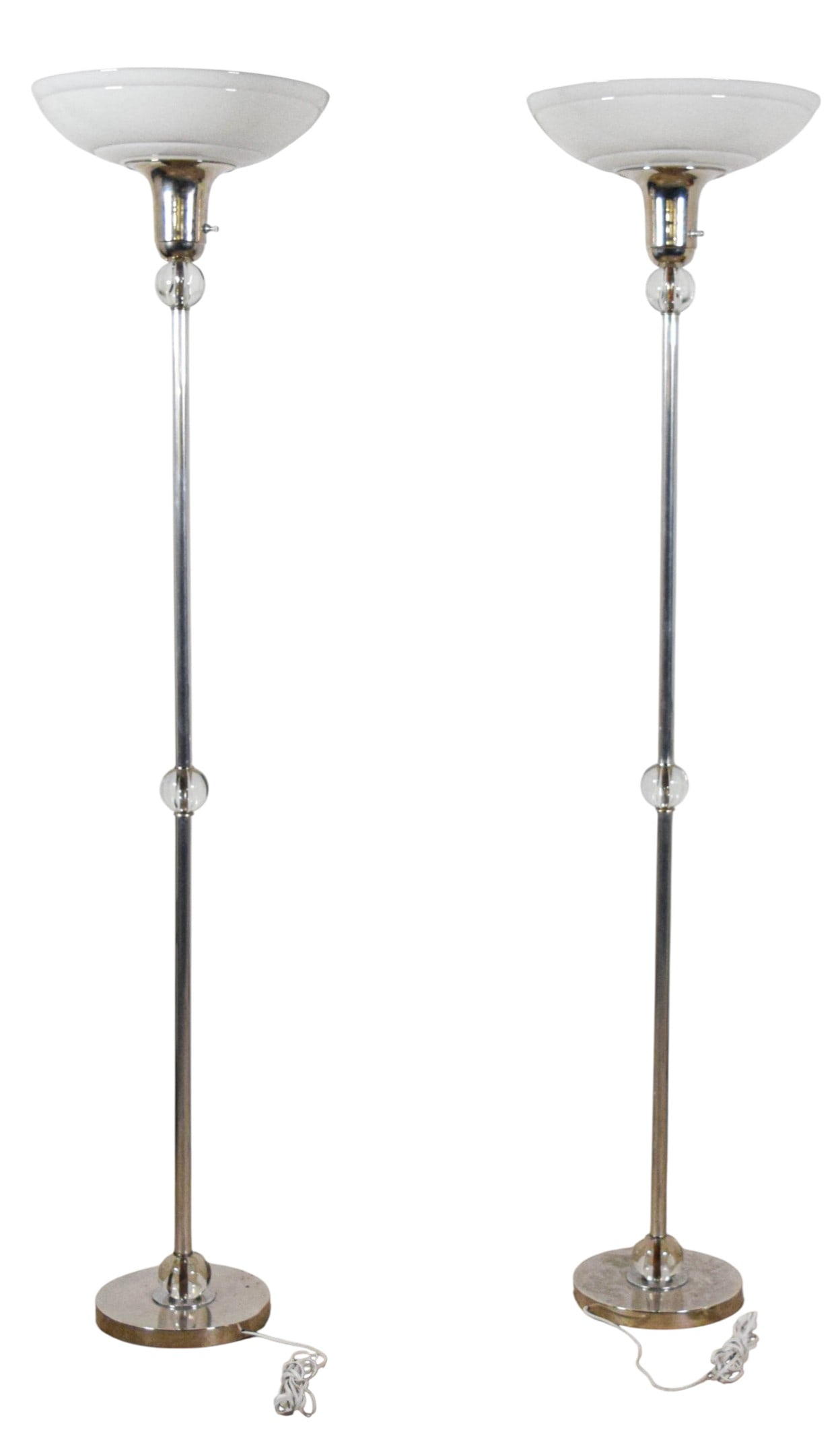 Pair of Modern Chrome & Glass Floor Lamps: Pair of modern Restoration Hardware style chrome and glass floor lamps. With milk glass shades. 68 3/4"H with shades. Wear and losses to chrome, rusting visible in glass balls, roughness along rims of