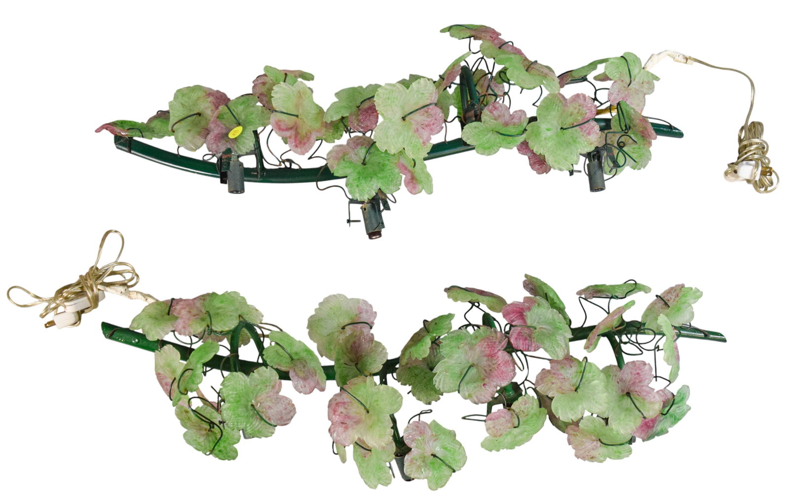 Pair of Venetian Glass Wall Sconces: Pair of 4 light wall sconces, with venetian glass flowers. Unsigned. No shades. Each 33"L. Flowers all with chips, paint loss to both, cords both repaired with tape.