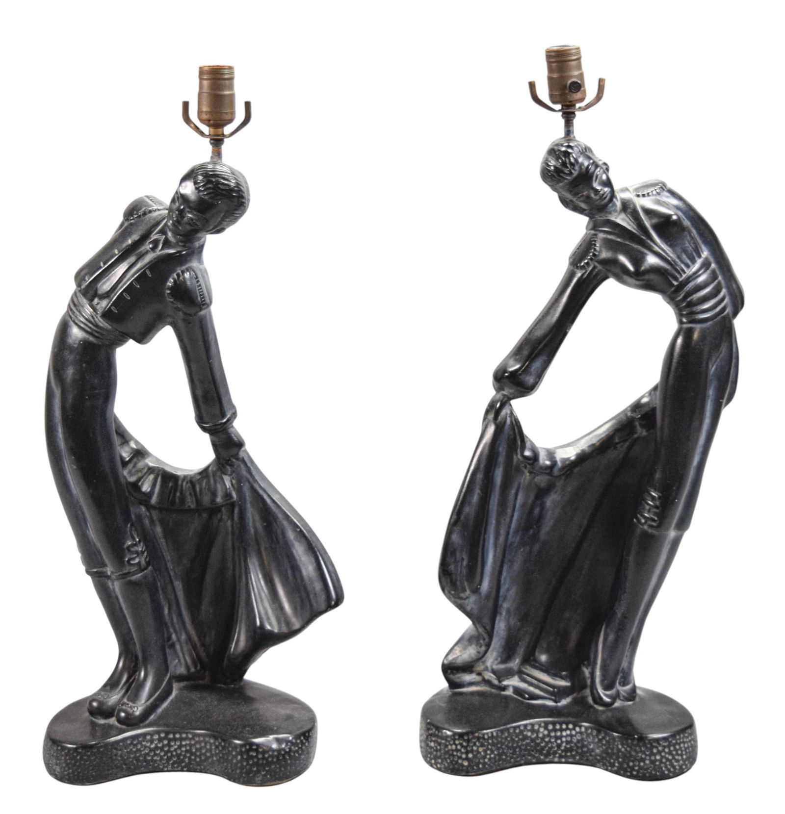 Pair of Figural Chalkware Matador Lamps: Pair of figural chalkware lamps, man and woman matadors. Unmarked. Woman 25 1/2"H to top of socket.