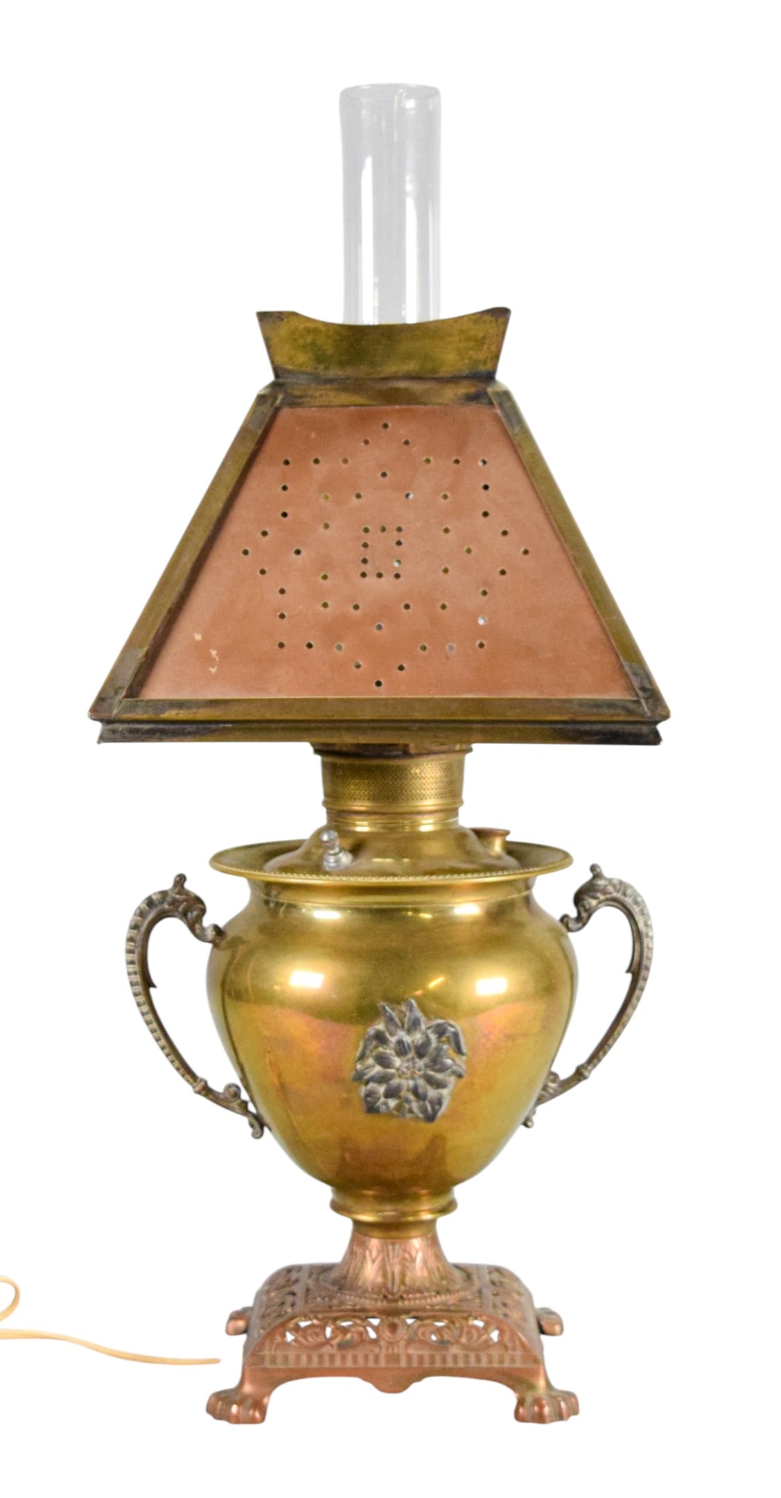 Edward Miller & Co. Kerosene Lamp: Edward Miller Co. electrified brass kerosene lamp. With brass and green slag glass shade. Knob marked Miller and marked on the underside E.M. & Co. Lamp 13"H, 24 1/2" to top of chimney. Dents to top a
