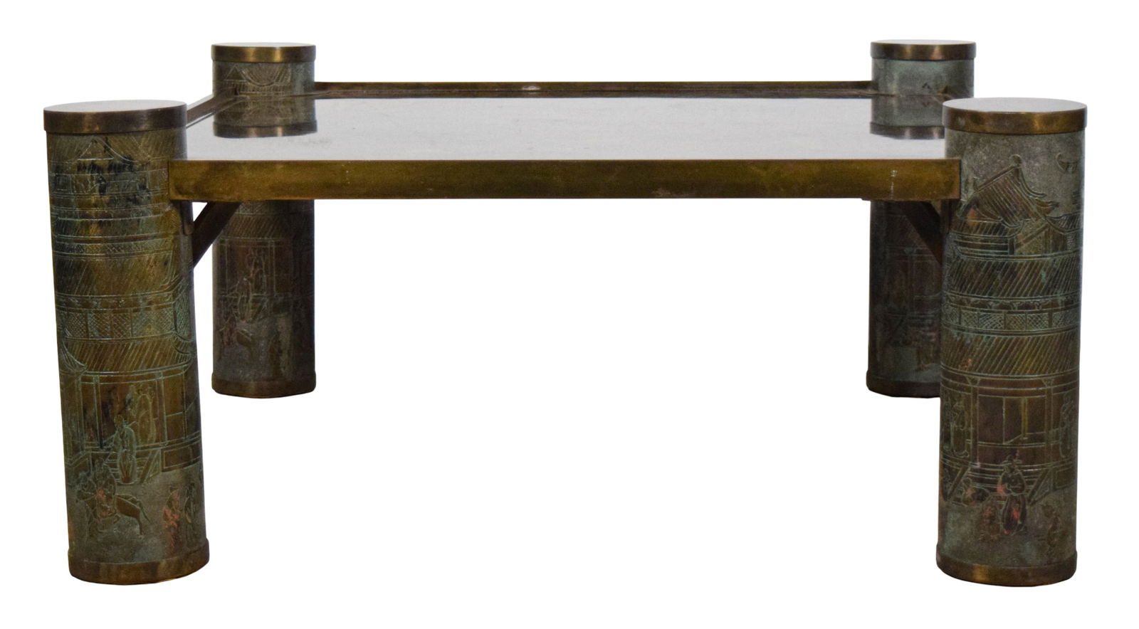 Philip & Kelvin LaVerne Les Chinois Cocktail Table: Philip LaVerne (American, 1907-1987) and Kelvin LaVerne (American, 1937-). Les Chinois cocktail / coffee table. Patinated bronze and pewter over wood, Chinoiserie motif on the legs. Signed on the edge