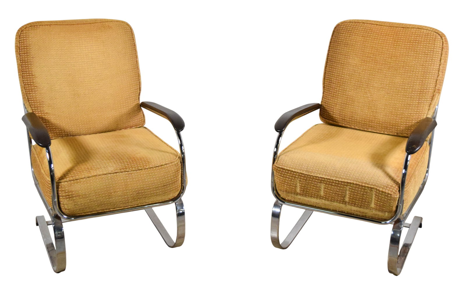 Pair of Kem Weber for Lloyd Springer Lounge Chairs: Pair of Kem Weber for Lloyd Manufacturing Co. Springer lounge chairs. Chrome frame, with wooden armrests, upholstered cushions, seats with apparent later metal straps and plywood. Unsigned. Frames (wi
