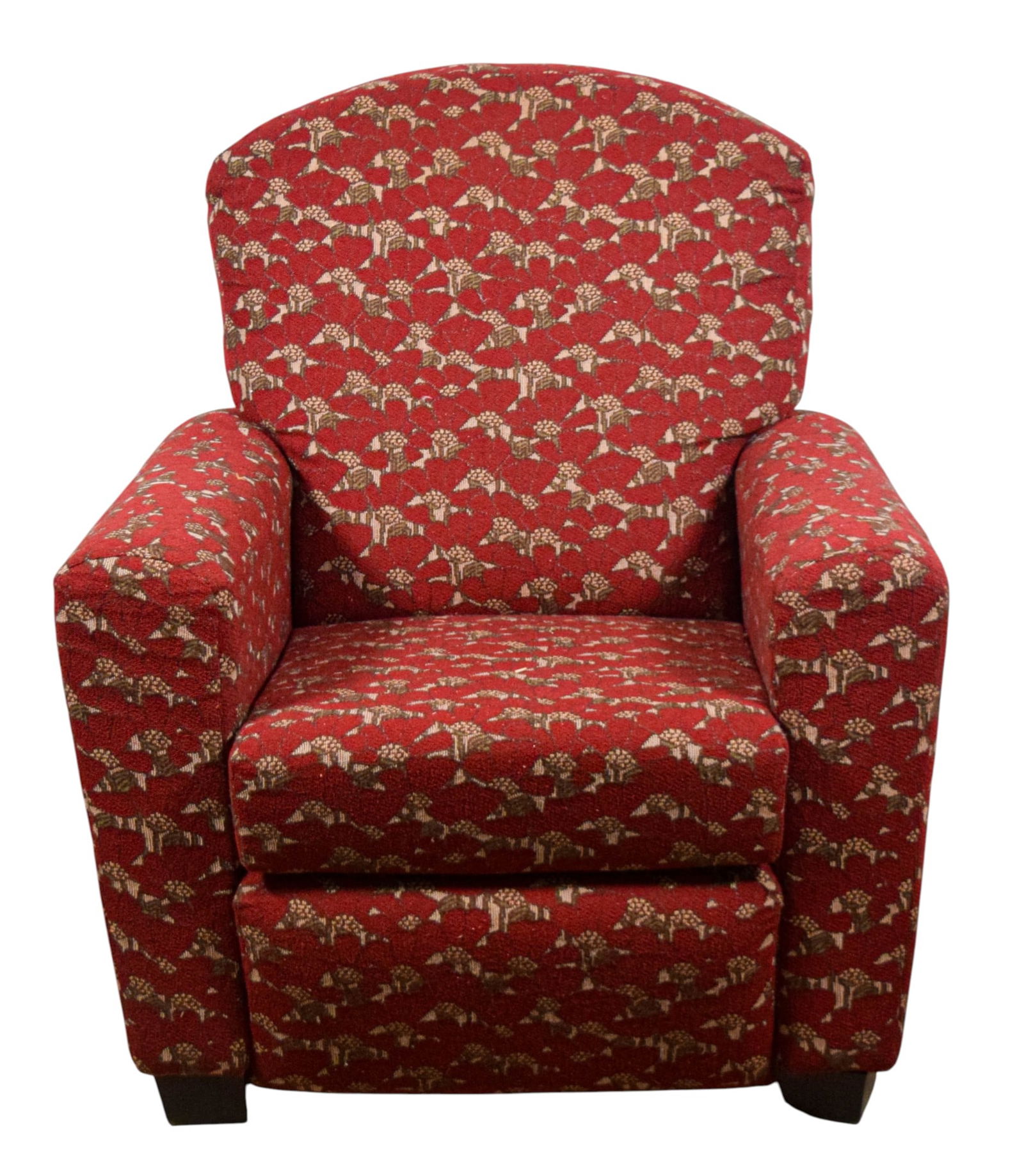 Todd Oldham for La-Z-Boy Reclining Armchair: A Todd Oldham for La-Z-Boy reclining armchair with red fabric upholstery in a bird motif. Underside with Todd Oldham by La-Z-Boy label and product registration packet, marked made in USA. 41" H x 35"
