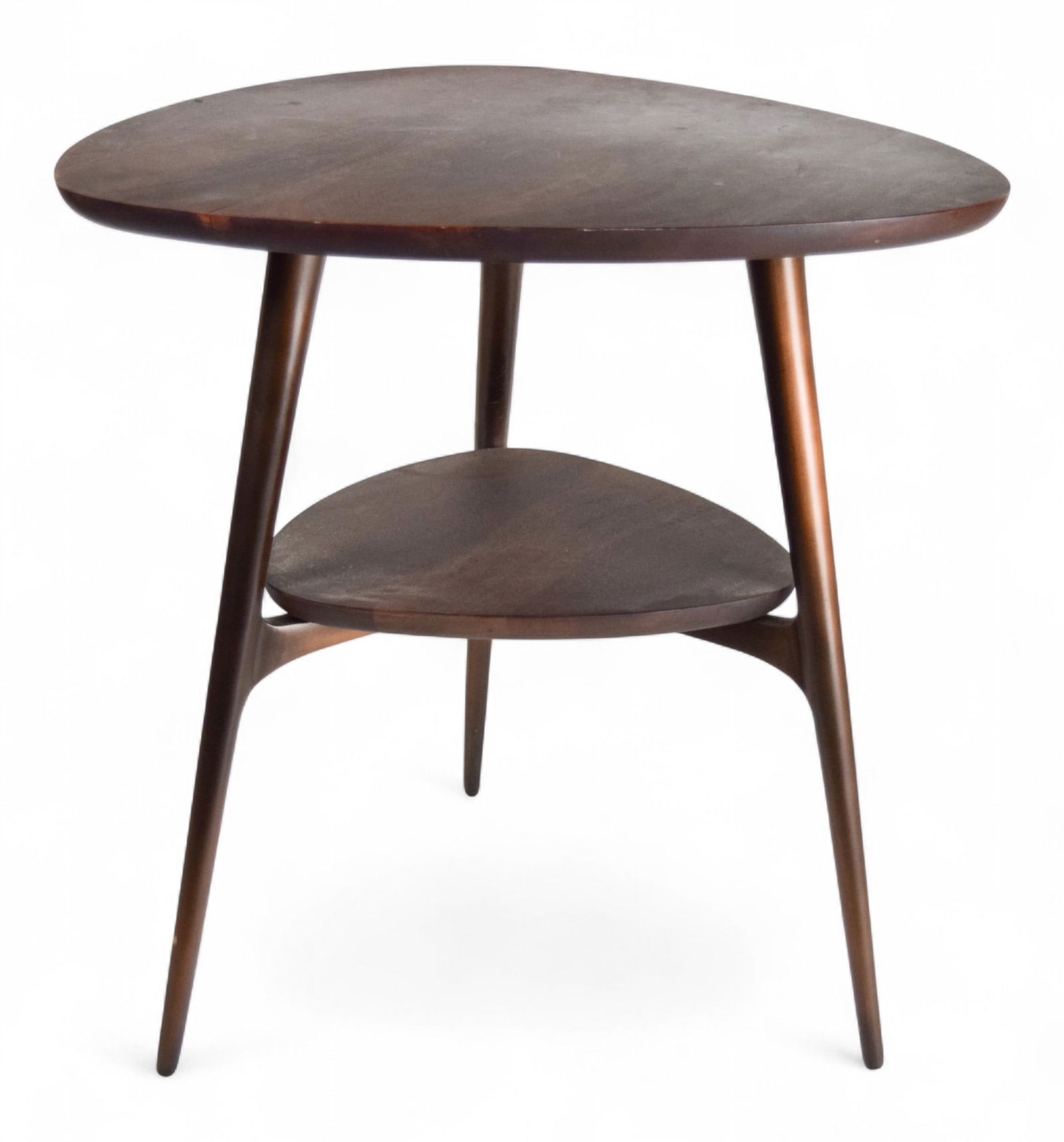 Crate & Barrel Mid-Century Modern Style Side Table: Crate & Barrel mid-century modern style "Bel Air" side table. 2 tiers, metal legs. 23 1/4"L x 23 1/4"W x 23 7/8"H. Scratches and splits to top.