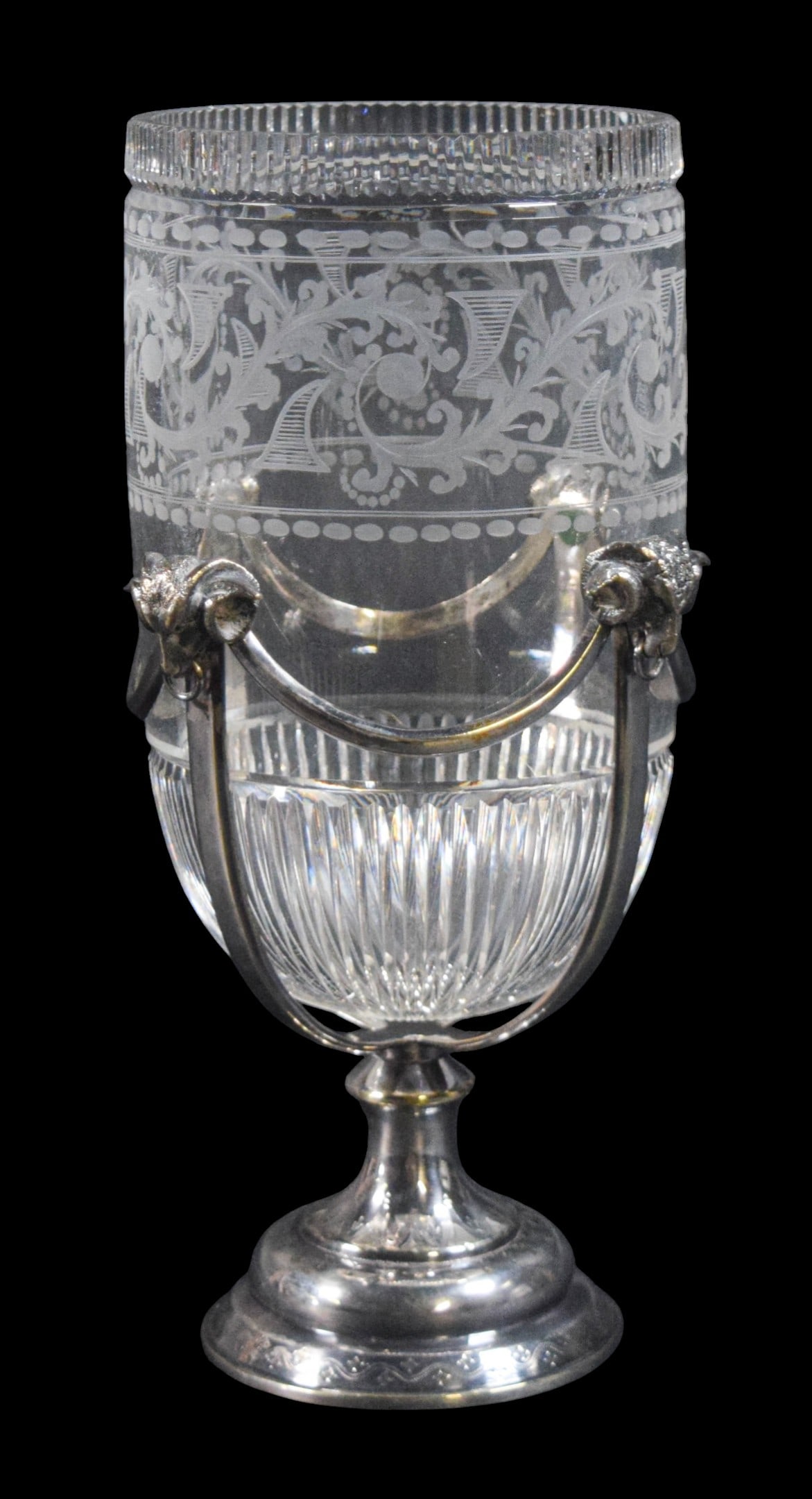Hawkes Etched Glass & Silverplate Vase: Hawkes etched glass vase. In silverplate holder with ram's heads. Vase signed Hawkes on the underside, silverplate unmarked. 9 3/4"H.