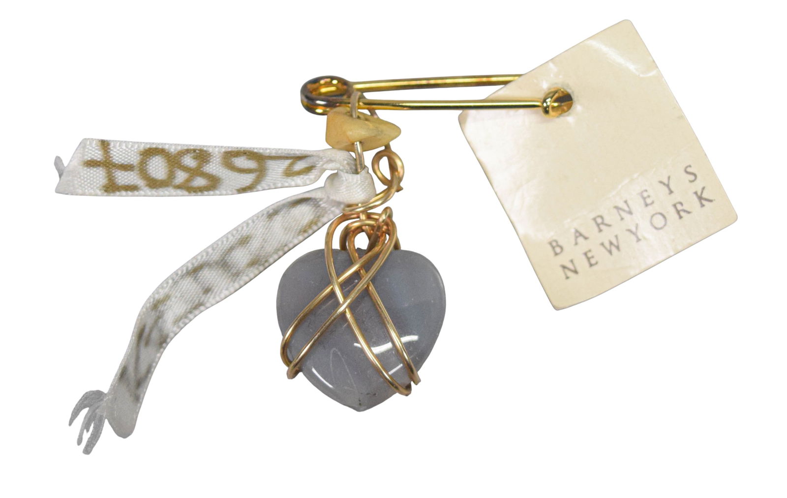 Kazuko Oshima for Barney's Heart Pin: Kazuko Oshima for Barney's New York. Hardstone heart wrapped with gold filled wire. With ribbon signed Kazuko and numbered 26807, and original Barney's tag. 1 1/2".