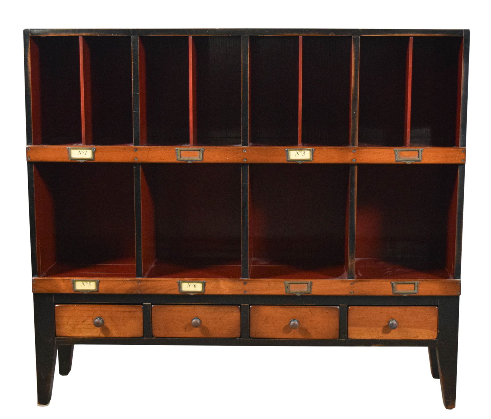 Attr. to Felix Monge Trimmings Cabinet Bookshelf: Attributed to Felix Monge. French trimmings cabinet bookshelf. With 8 shelf sections above 4 shelf sections and 4 drawers below. Unsigned. 42 1/4"H x 47 1/4"W x 11 3/4"D. Scratches and small chips to