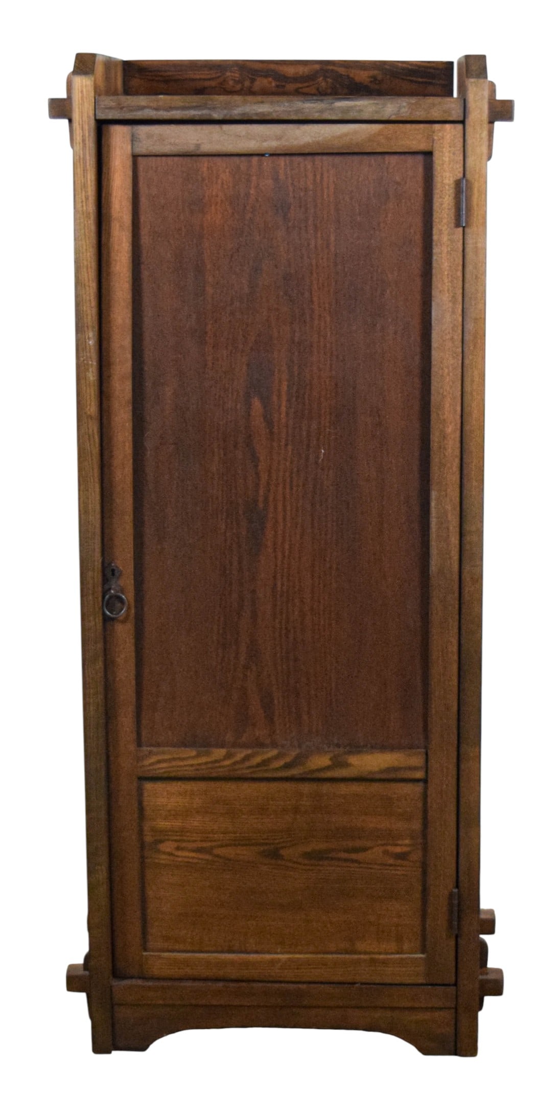 Stickley Style Arts & Crafts Cabinet: Stickley style oak arts & crafts cabinet. Unsigned. 54 1/8"H x 24 1/4"W x 14"D. No shelves. Glass on door replaced with wood, pins from joint missing on each side, scratches and chips throughout.