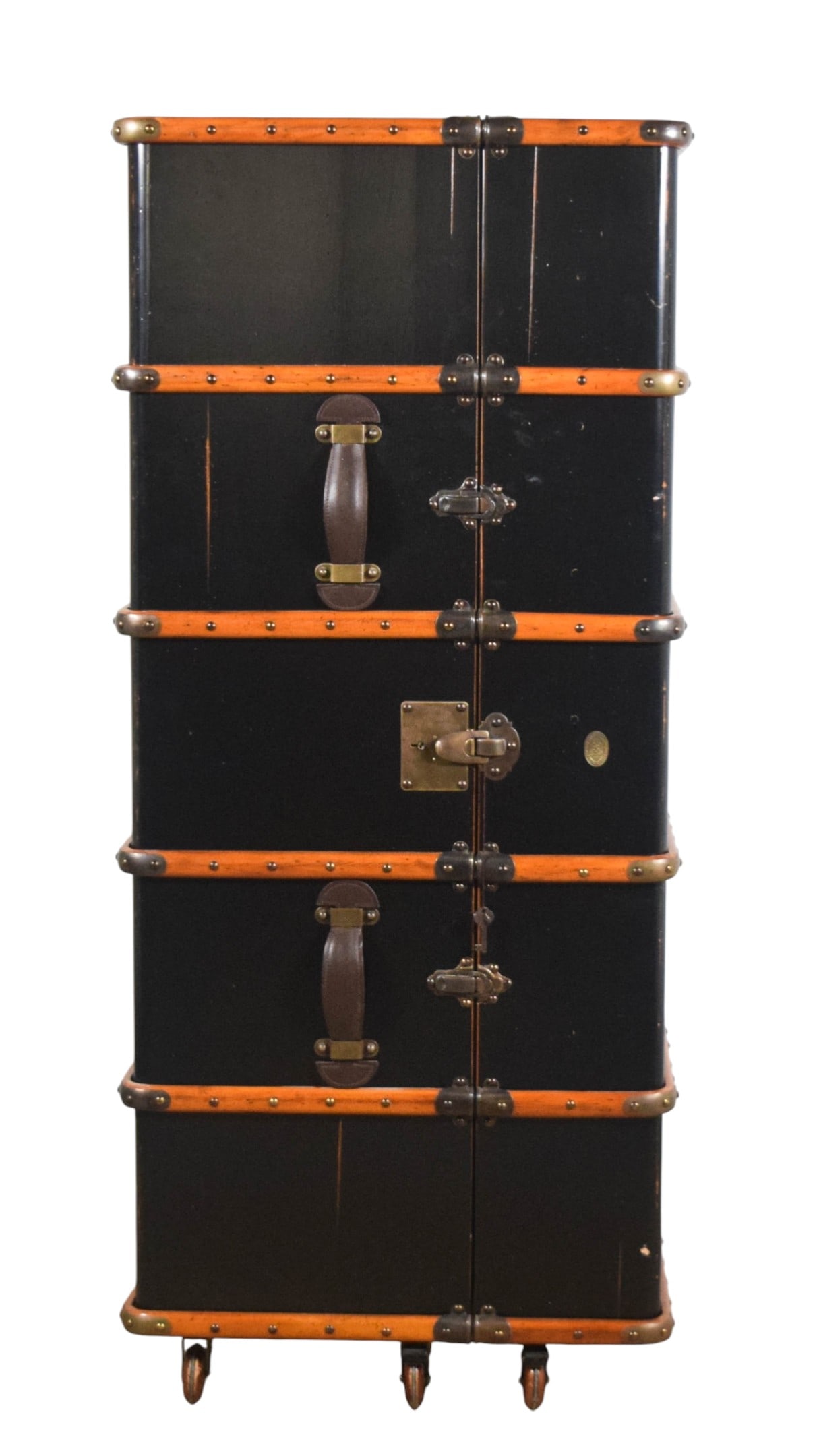 Authentic Models Stateroom Bar Cabinet Trunk: Authentic Models "Stateroom" bar cabinet. Upright trunk form on casters, interior with drawers, shelves and fitted sections for glassware and bottles. 59 1/4"H x 25 1/4"W x 24"D (closed); 47 3/4"W ful