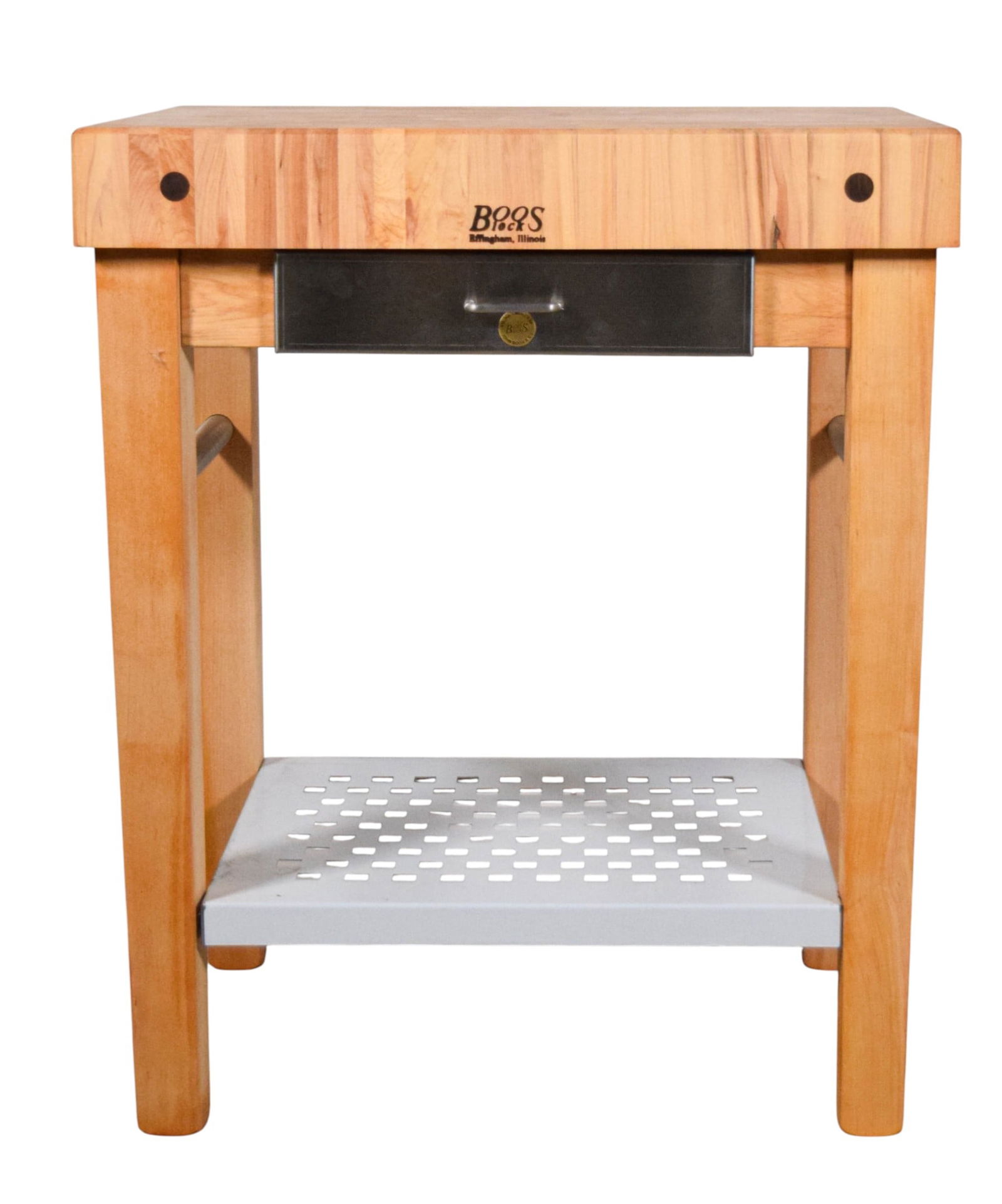 John Boos Butcher Block: John Boos butcher block. Wooden butcher block top and legs, lower metal shelf, stainless front drawer. Marked Boos Block. 36 1/4"H x 30"W x 24"D. Scratches and paint loss to lower metal shelf.
