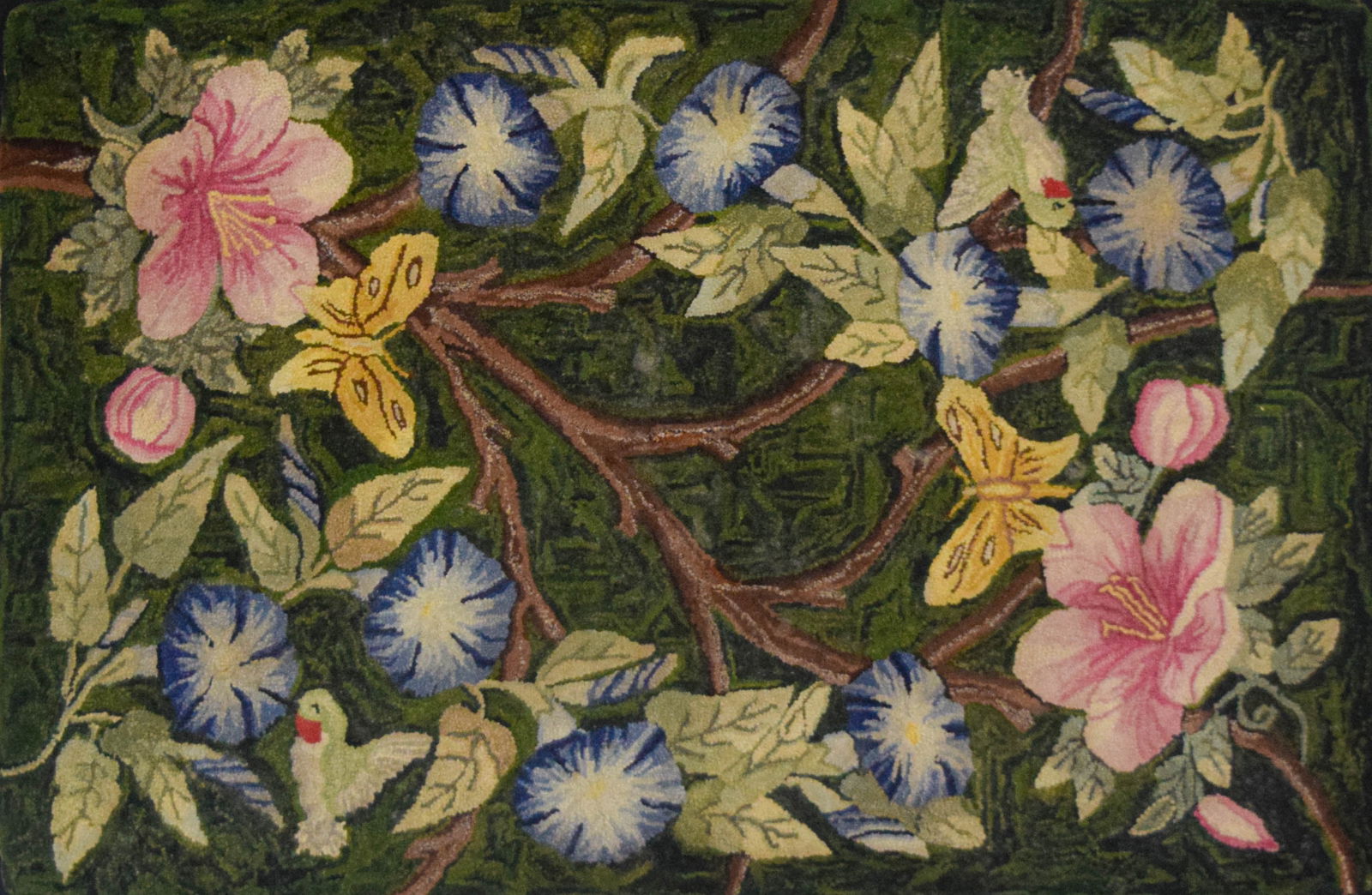 Folk Art Hooked Rug Hummingbirds & Butterflies (1 of 6)