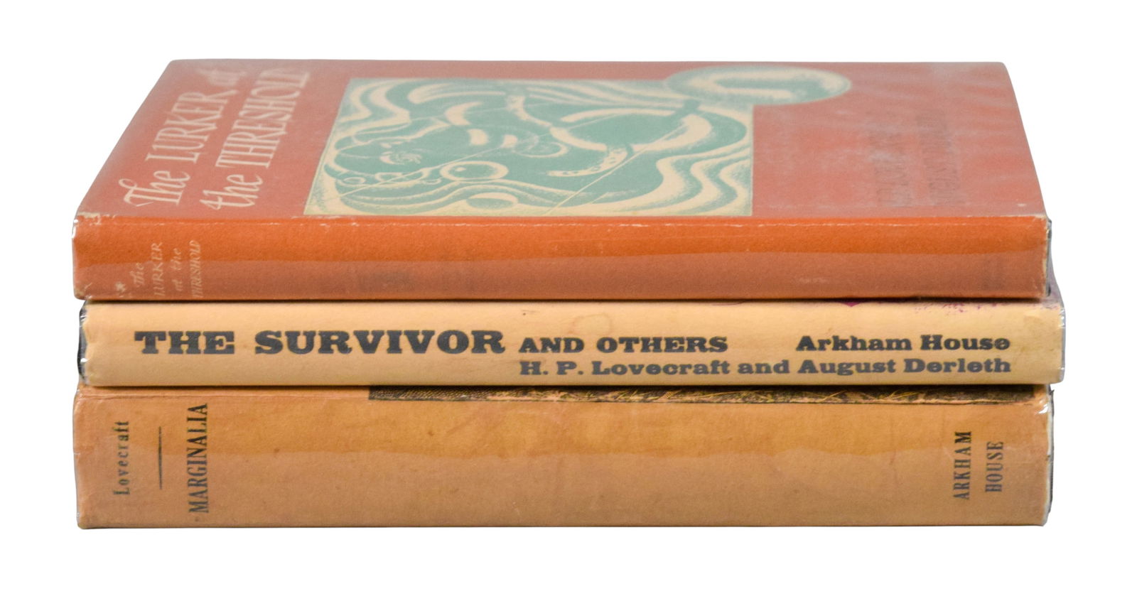 3 H.P. Lovecraft First Edition Books: Howard Phillips Lovecraft (American, 1890-1937). 3 first edition books. The Lurker at the Threshold, with August Derleth, Arkham House, 1945; The Survivor and Others, with August Derleth, Arkham House