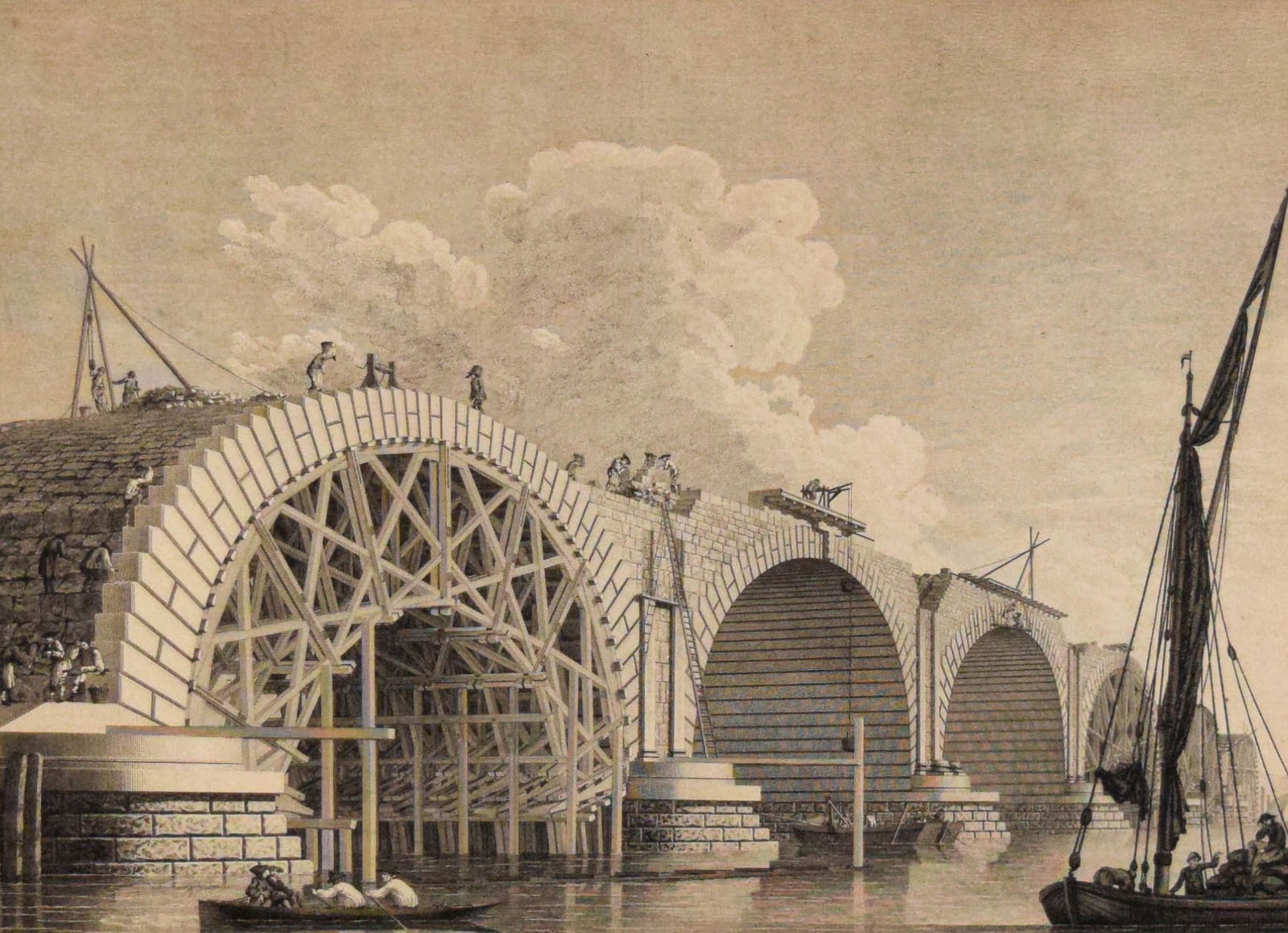 Edward Rooker Engraving After Sandby Blackfrairs: Edward Rooker (British, 1712-1774), after Thomas Sandby (British, 1721-1798). Engraving, Part of the Bridge at Blackfriars. 15" x 21" (with frame 23 7/8" x 27 7/8"). Staining, foxing and discoloration